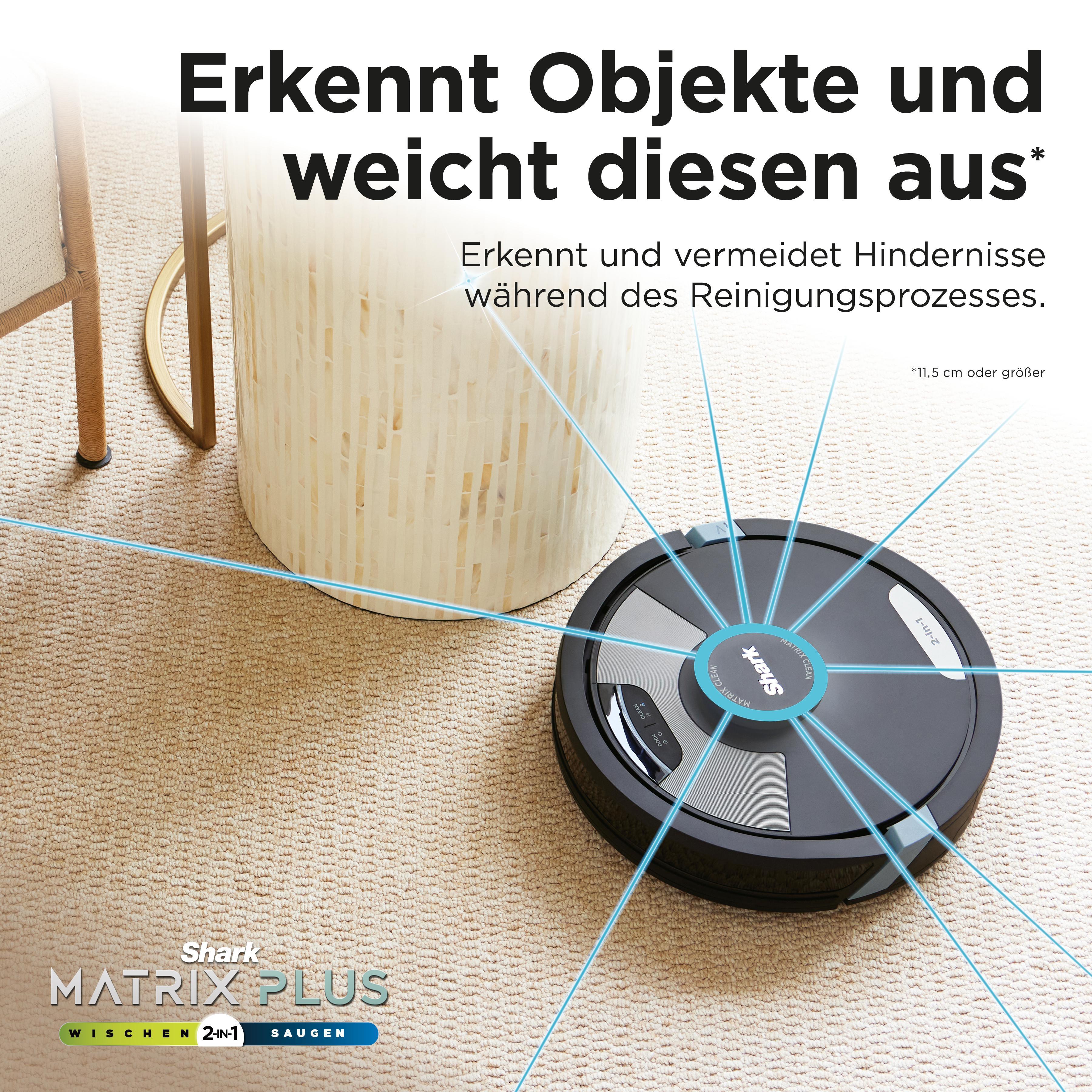 Roboter-Staubsauger mit blauem Licht, der einen Teppichboden reinigt.
