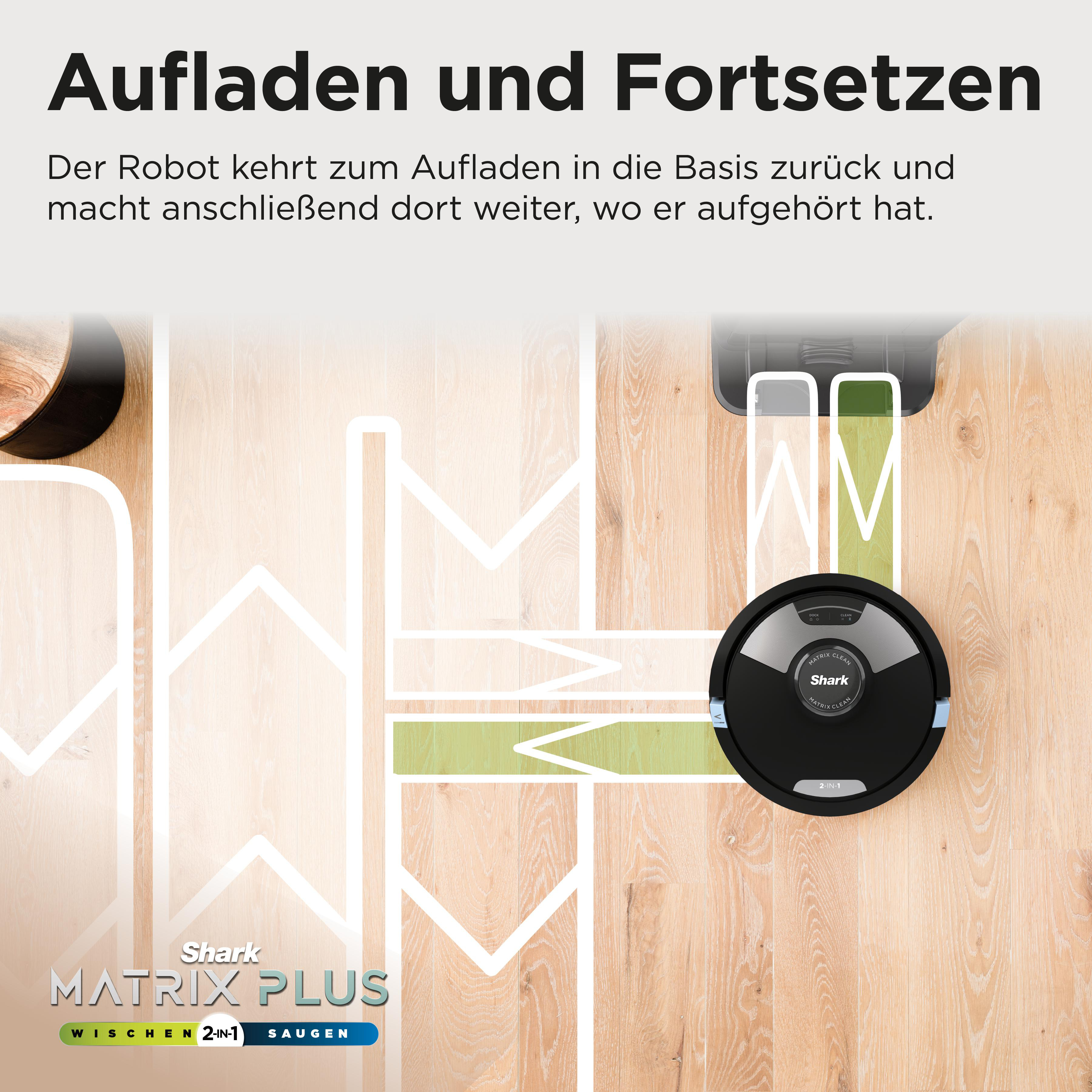 Ein schwarzer Roboter-Staubsauger auf Holzboden mit weißen Linien. Text auf Deutsch.