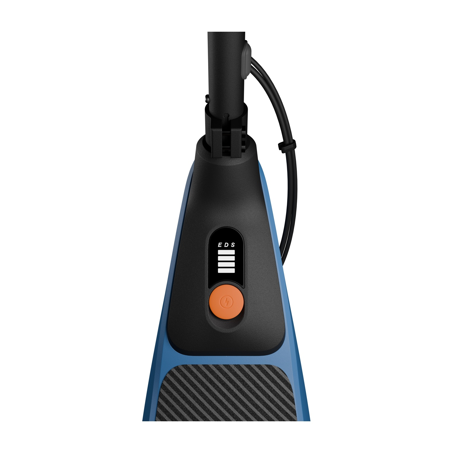 Primo piano della base di un monopattino elettrico. Maniglia nera, corpo blu, pulsante arancione.