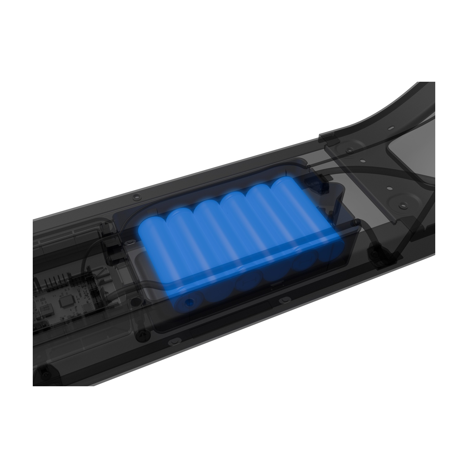 Batterie cilindriche blu all'interno di un dispositivo elettronico nero. I componenti interni sono visibili.