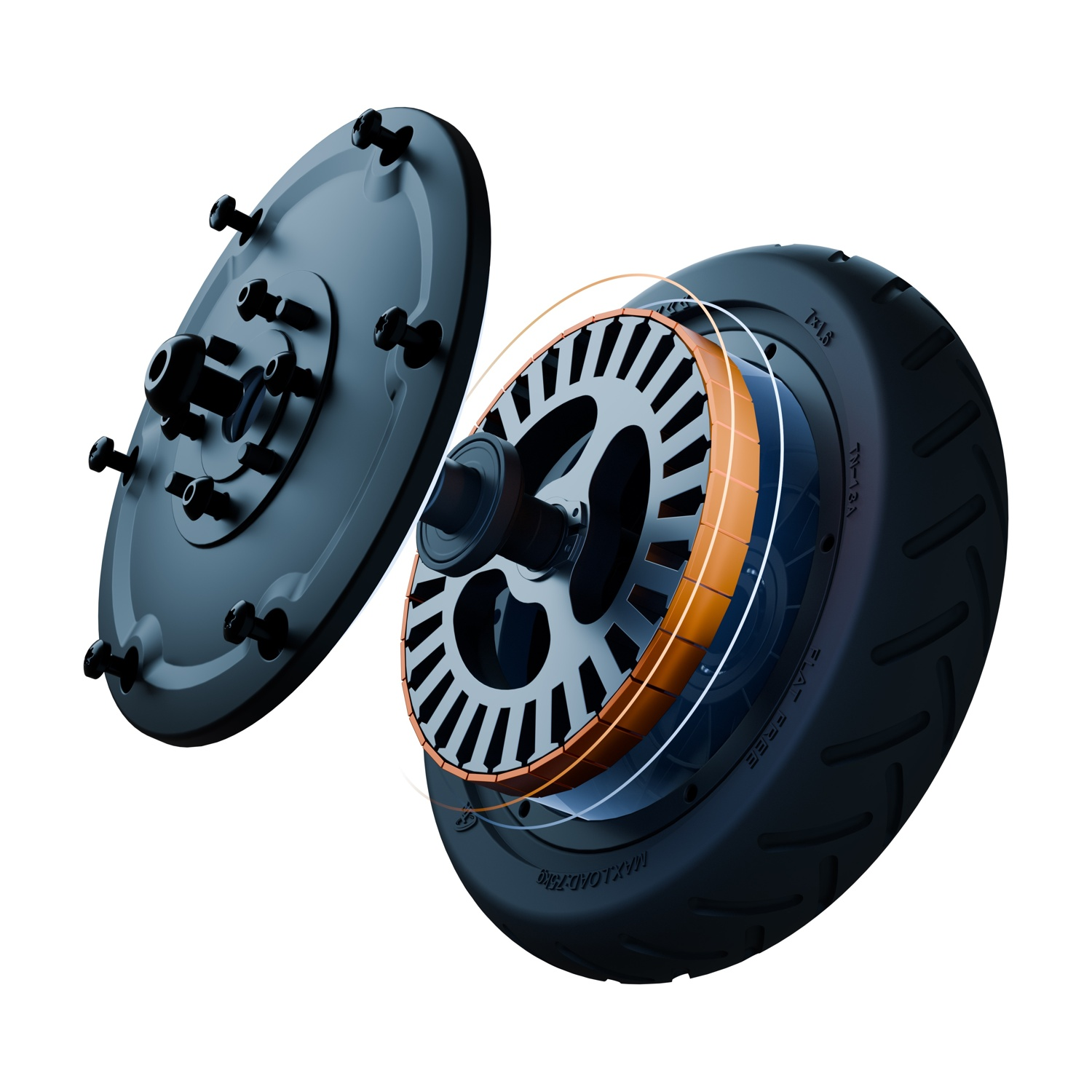 Vista esplosa della ruota dello scooter elettrico con componenti interni.