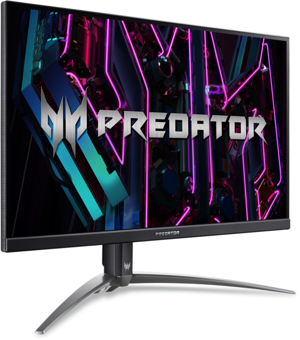 Predator gaming monitor fekete kerettel, futurisztikus, neonfényes grafikát jelenít meg.