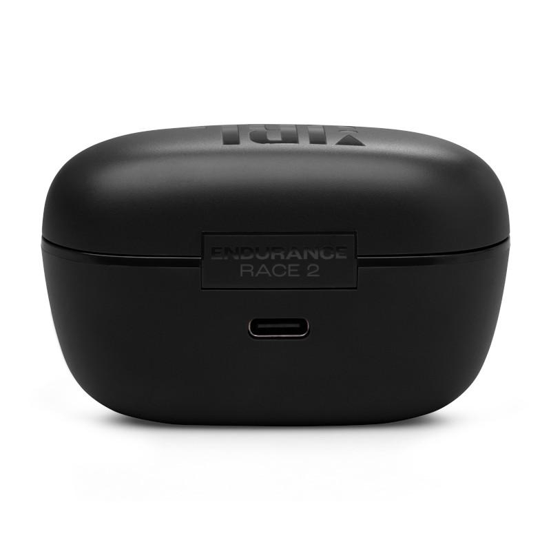 Schwarzes Ladecase für Ohrhörer mit dem Text "ENDURANCE RACE 2" und einem USB-C-Anschluss.