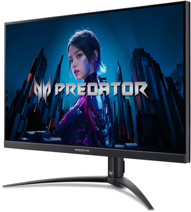 Egy fekete számítógép monitor, amely egy kék és rózsaszín arcú nőt és a 'PREDATOR' szót jeleníti meg.
