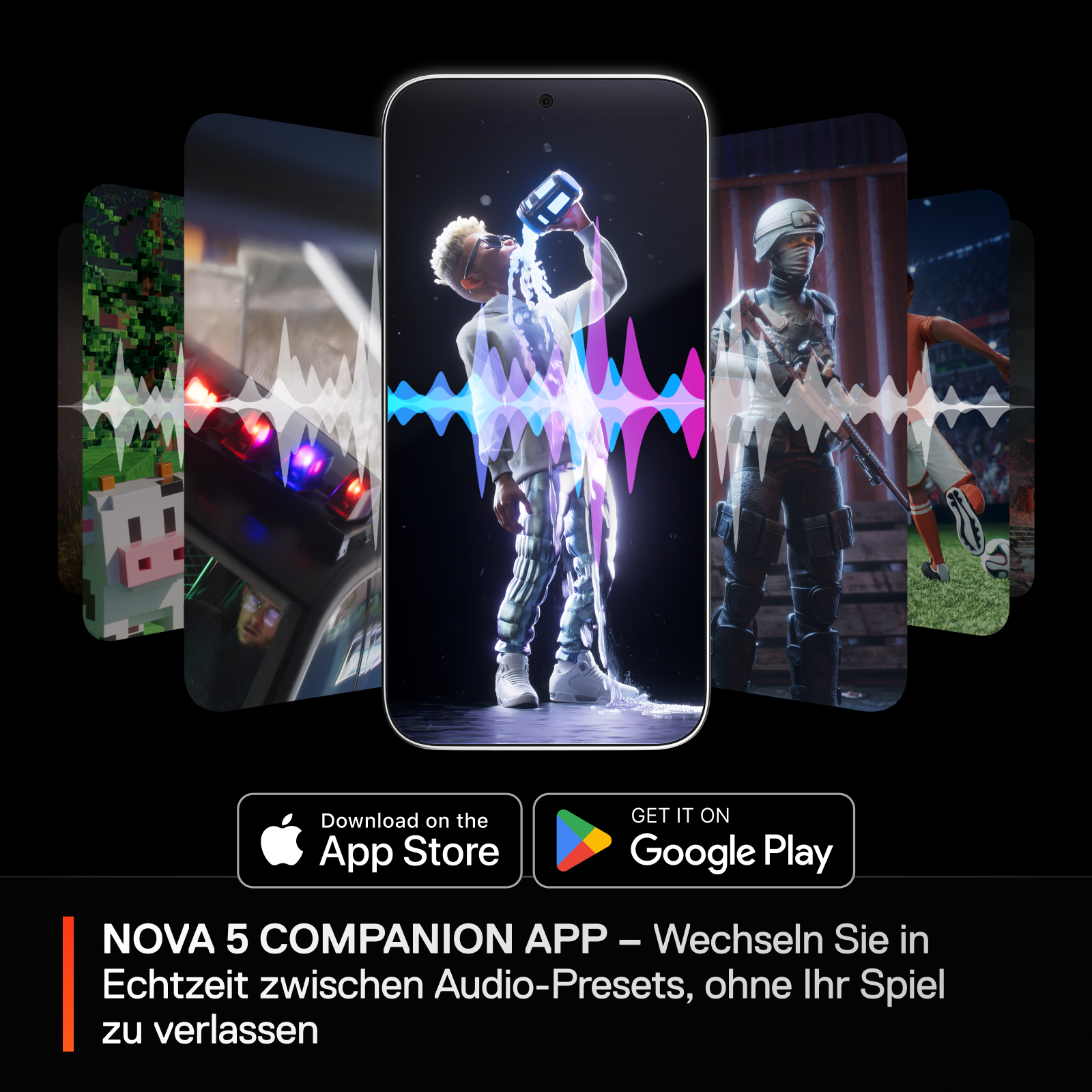 Ein Telefon zeigt animierte Spielszenen. App Store und Google Play Logos sind vorhanden.