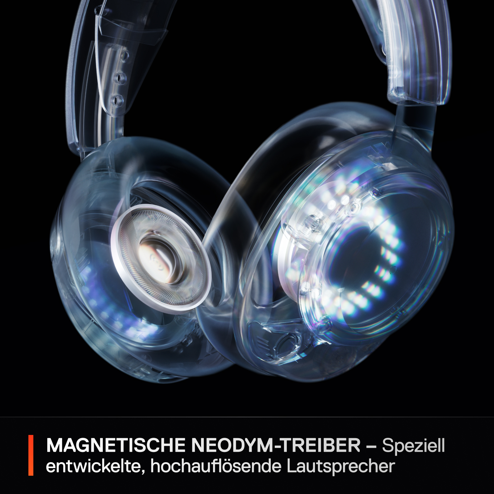 Transparente Kopfhörer mit Lichtern, vor schwarzem Hintergrund.