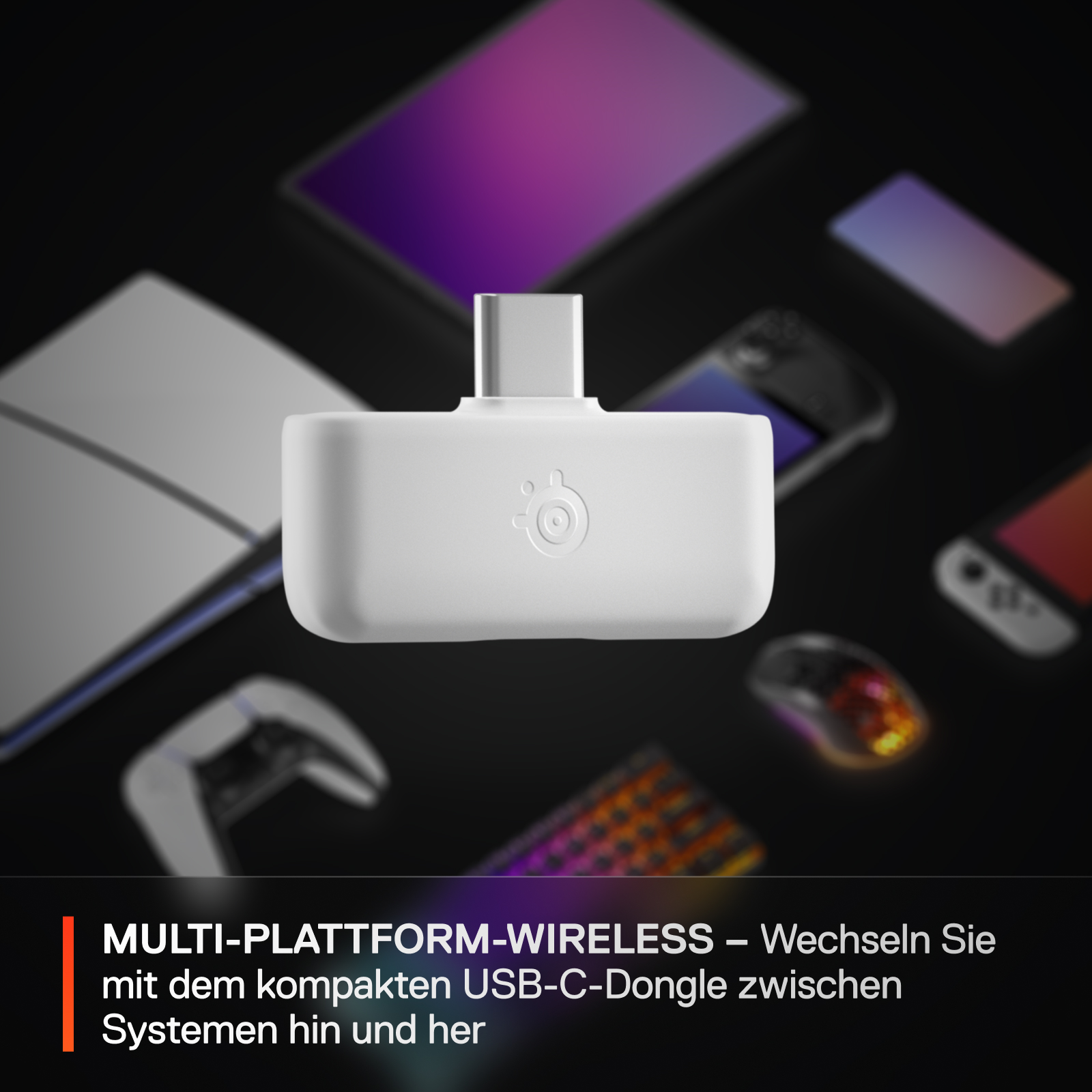 Ein weißer USB-C-Dongle mit einem weißen Hintergrund mit verschwommener Elektronik im Hintergrund.