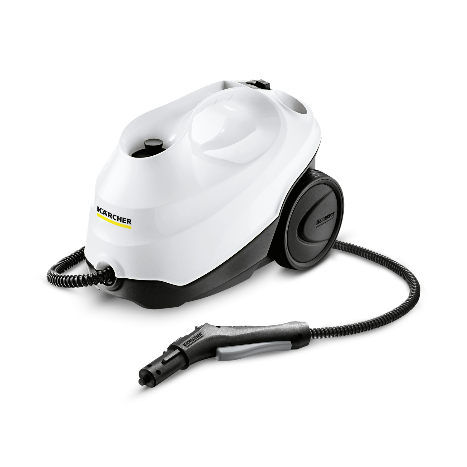 White and black steam cleaner. It has a nozzle and black hose.