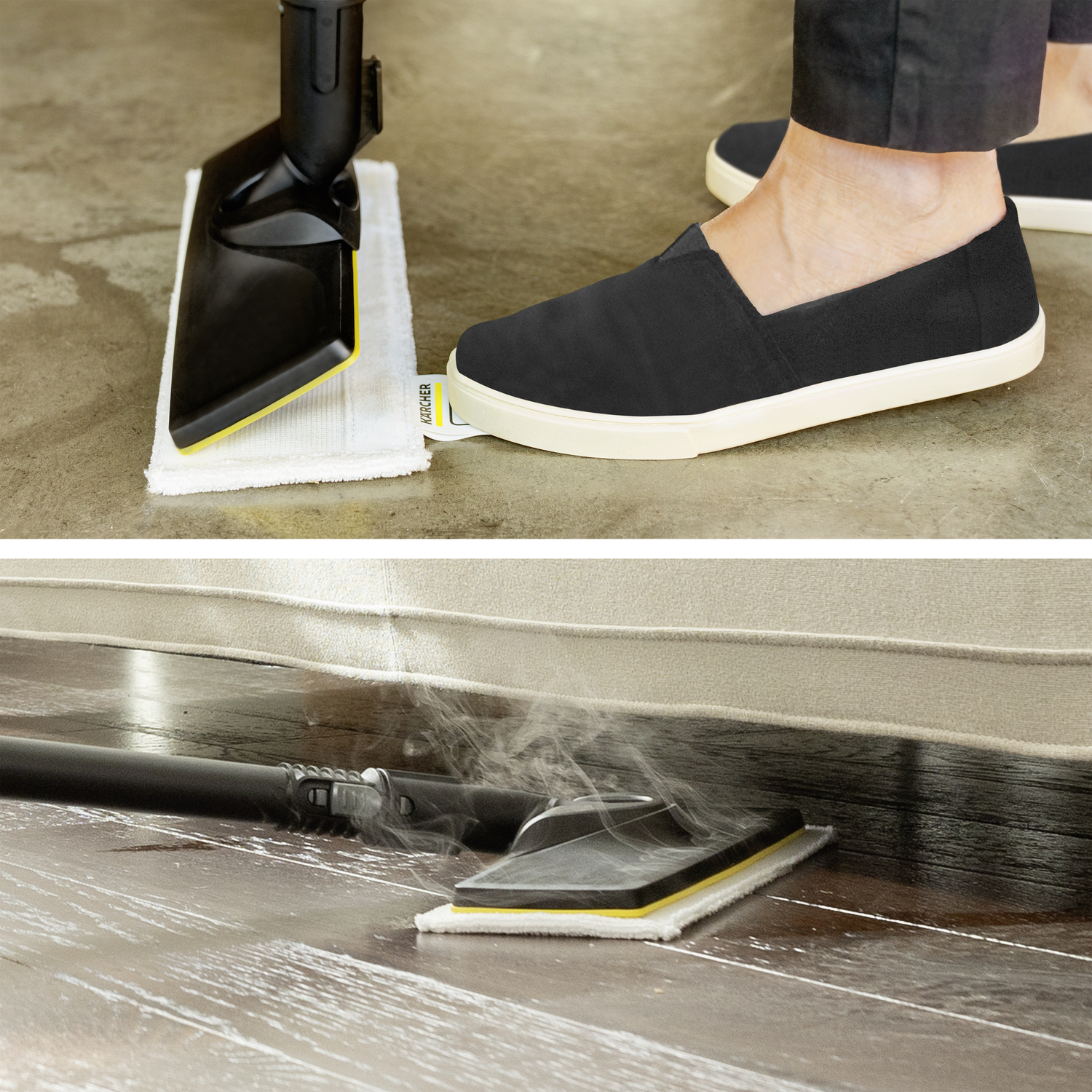 Two scenes of a steam mop in use. The first is near a foot, the second is on a wood floor.