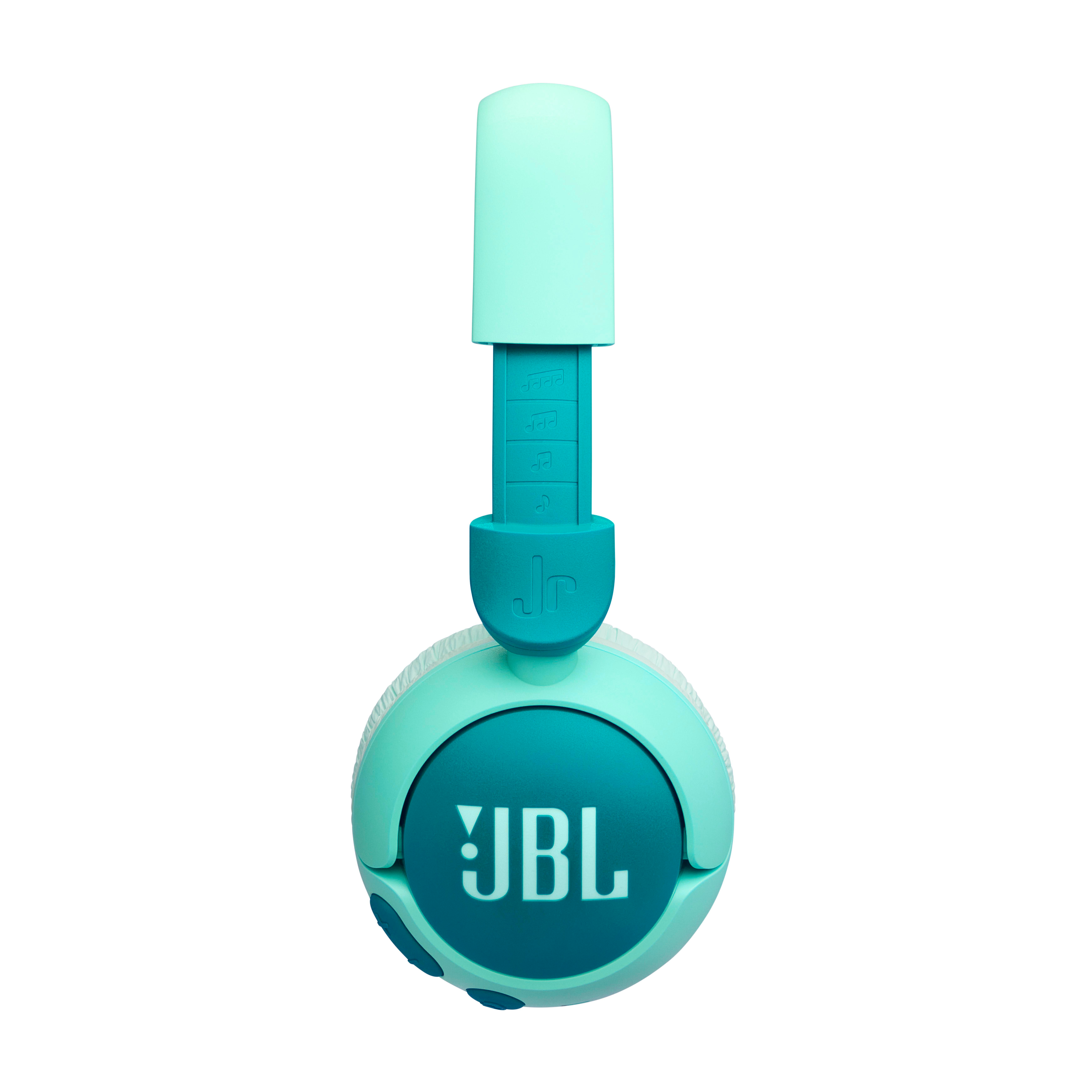 Türkis JBL Kopfhörer. Blaue Akzente an den Ohrmuscheln. Weißer Hintergrund.