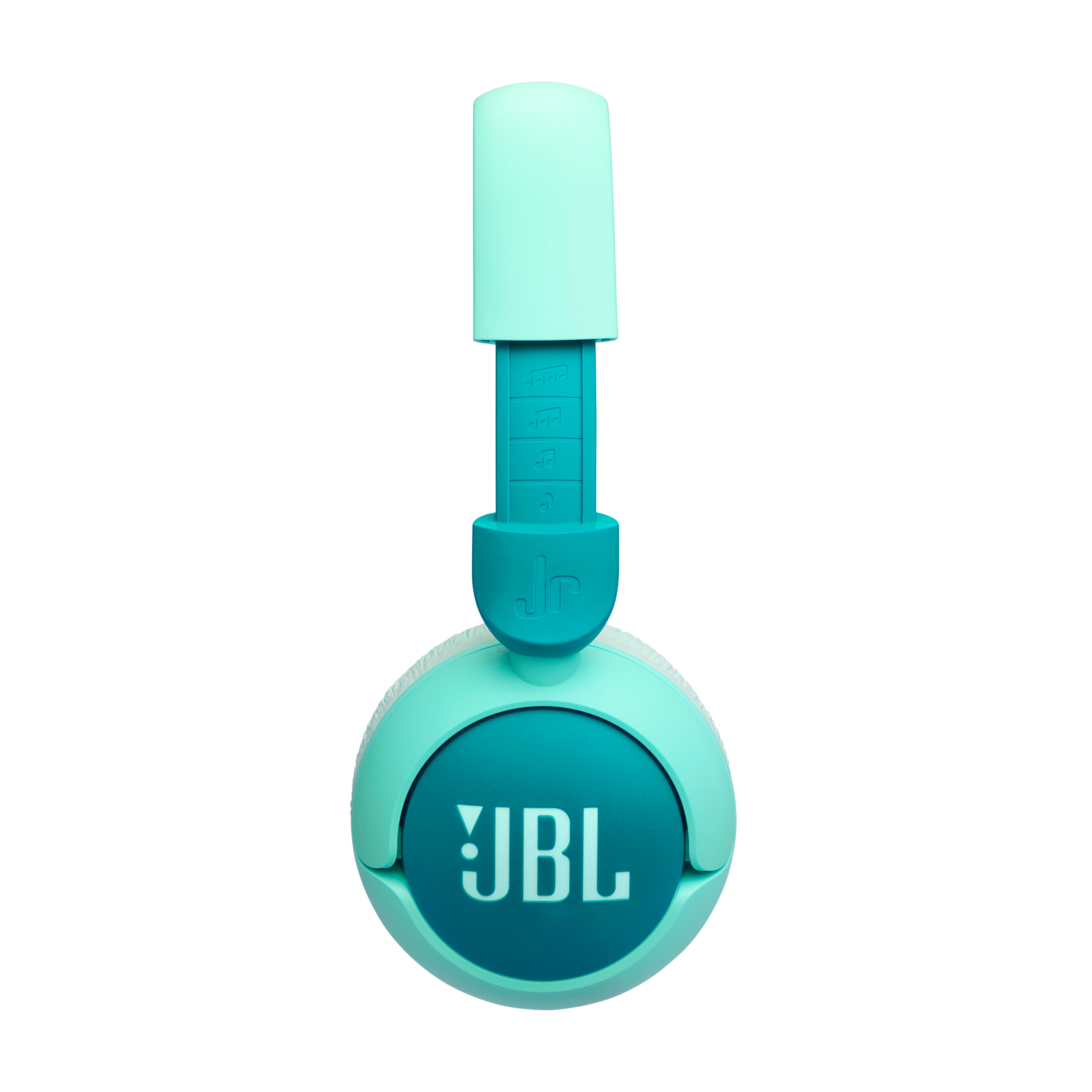 Türkisfarbene JBL-Kopfhörer mit türkisfarbenem Bügel und JBL-Logo.
