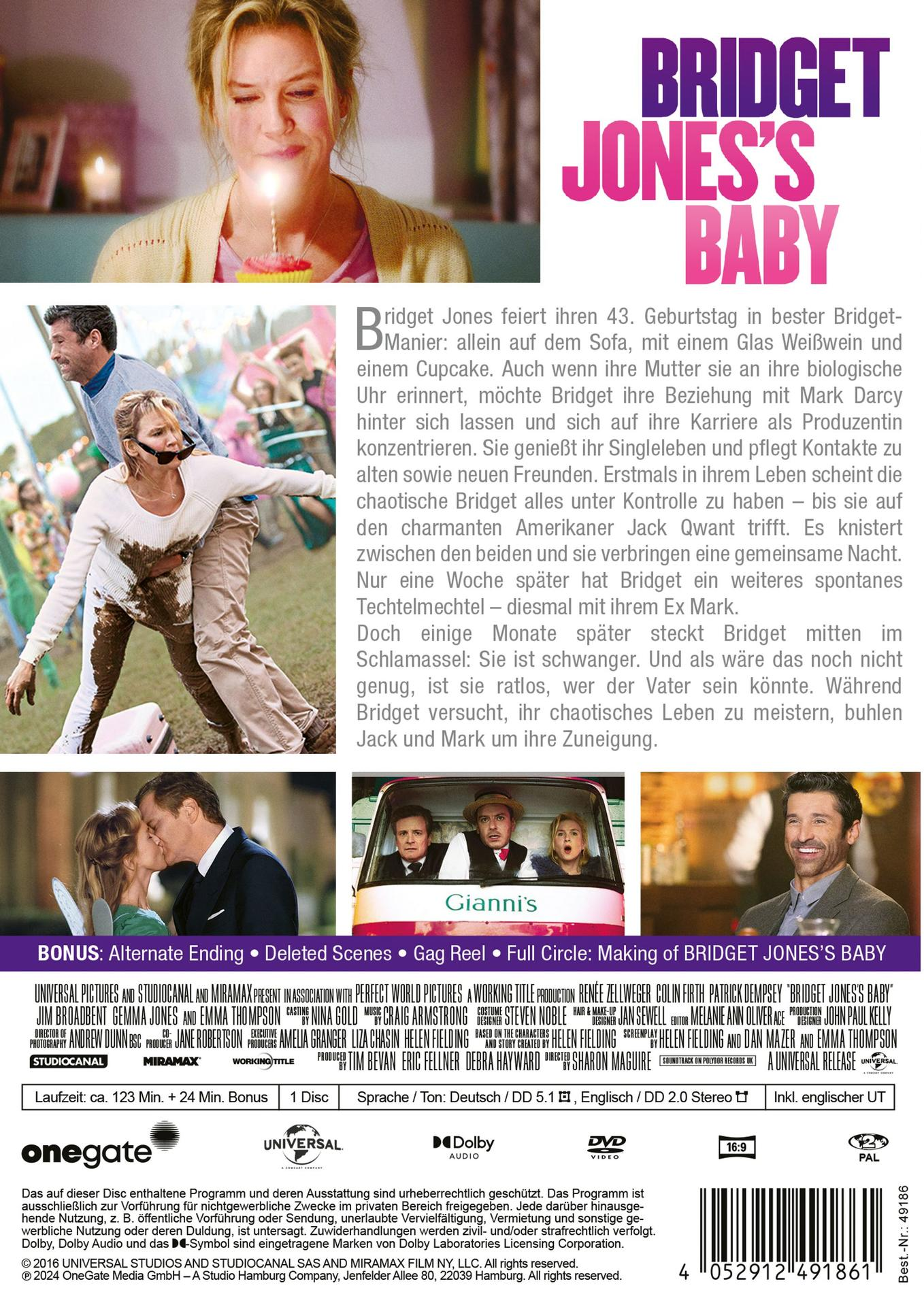 DVD-Cover für Bridget Jones' Baby. Es zeigt Renee Zellweger, Colin Firth und Patrick Dempsey. Text ist enthalten.