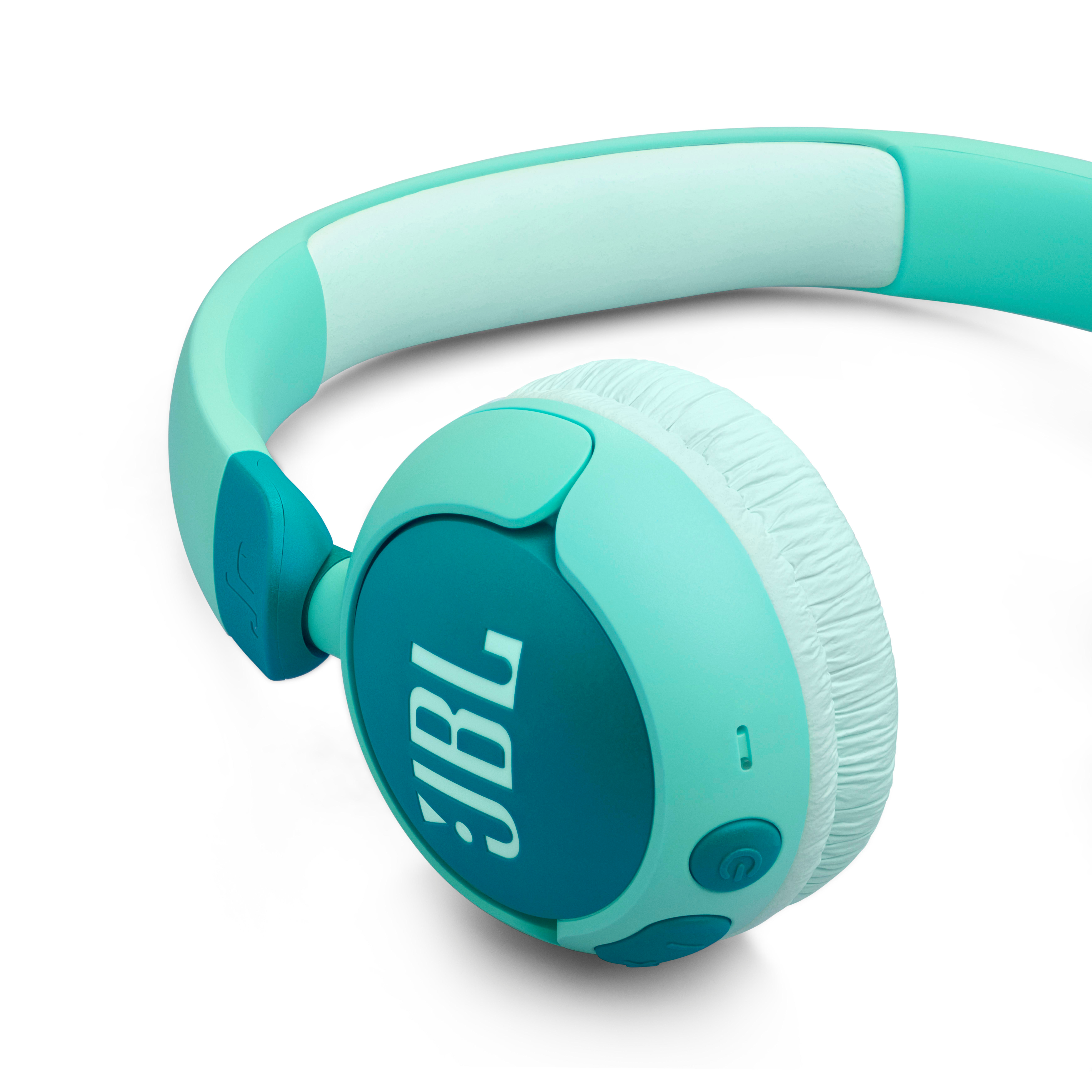 Türkisfarbene JBL Kopfhörer, Nahaufnahme, mit weißem Polster und Power-Taste.