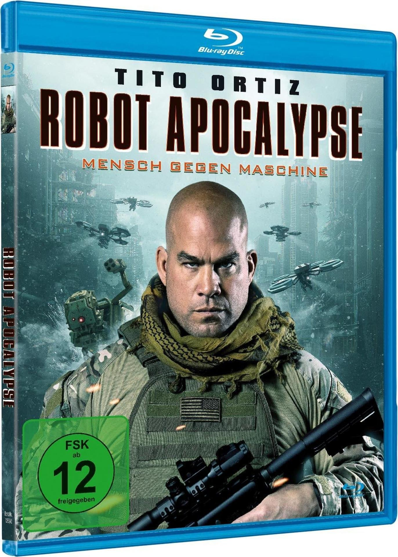 DVD-Cover: Tito Ortiz in Uniform, mit Gewehr. Titel: Robot Apocalypse. Text: Mensch gegen Maschine.