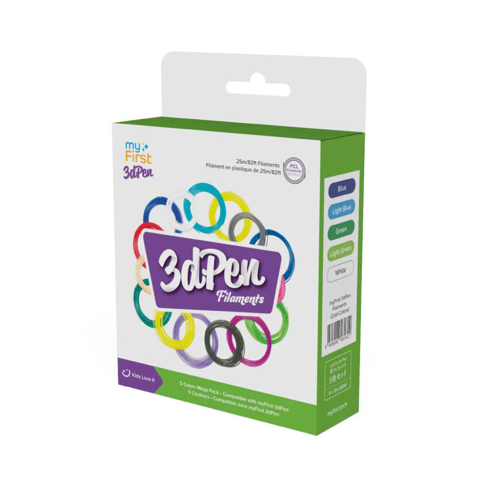 Schachtel mit 3D-Stift-Filamenten. Die Box ist weiß mit Markennamen und Farbkreisen.
