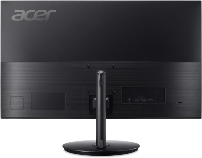Egy fekete számítógép-monitor hátulja Acer logóval és portokkal.