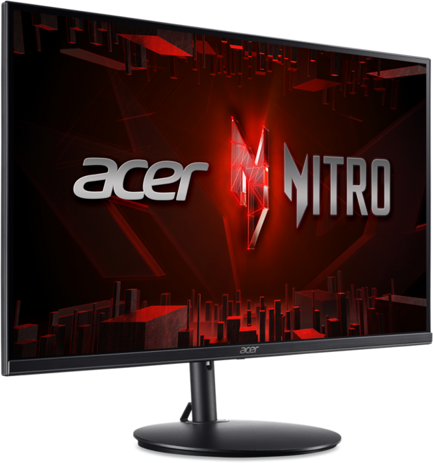 Fekete Acer Nitro monitor piros logóval, fekete állvánnyal. Piros és fekete háttér.