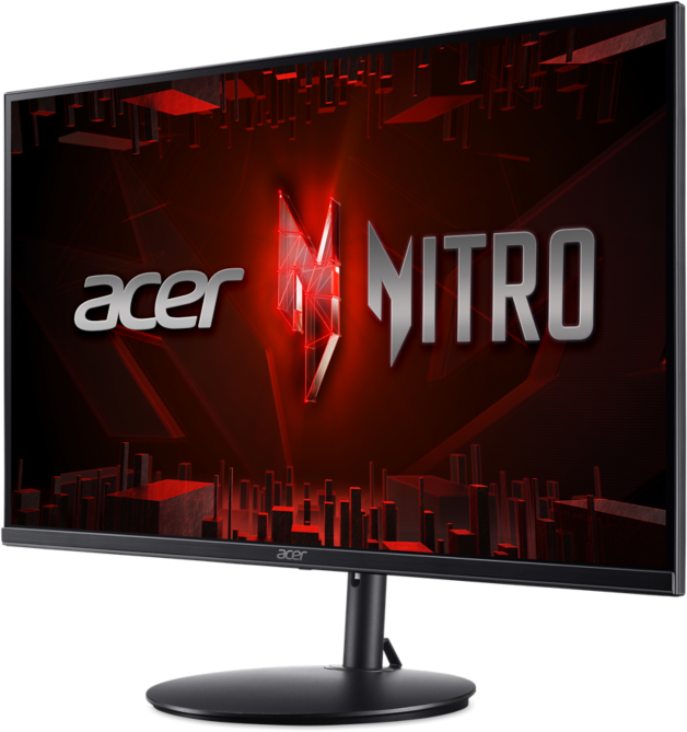 Fekete Acer Nitro monitor piros-fekete dizájnnal, az Acer Nitro logót mutatja.