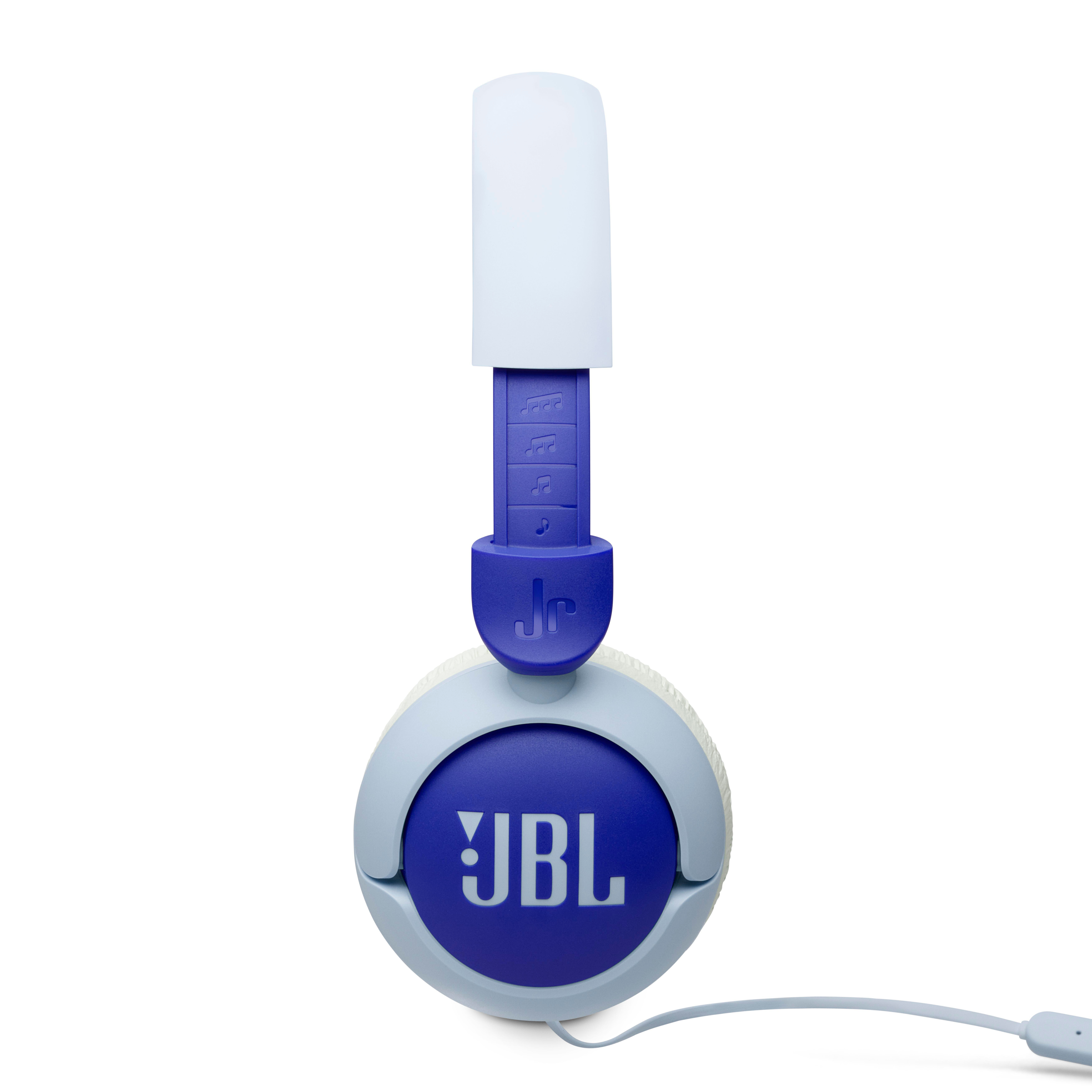 Blaue und weiße JBL Jr. Kopfhörer mit JBL-Logo und Kabel.