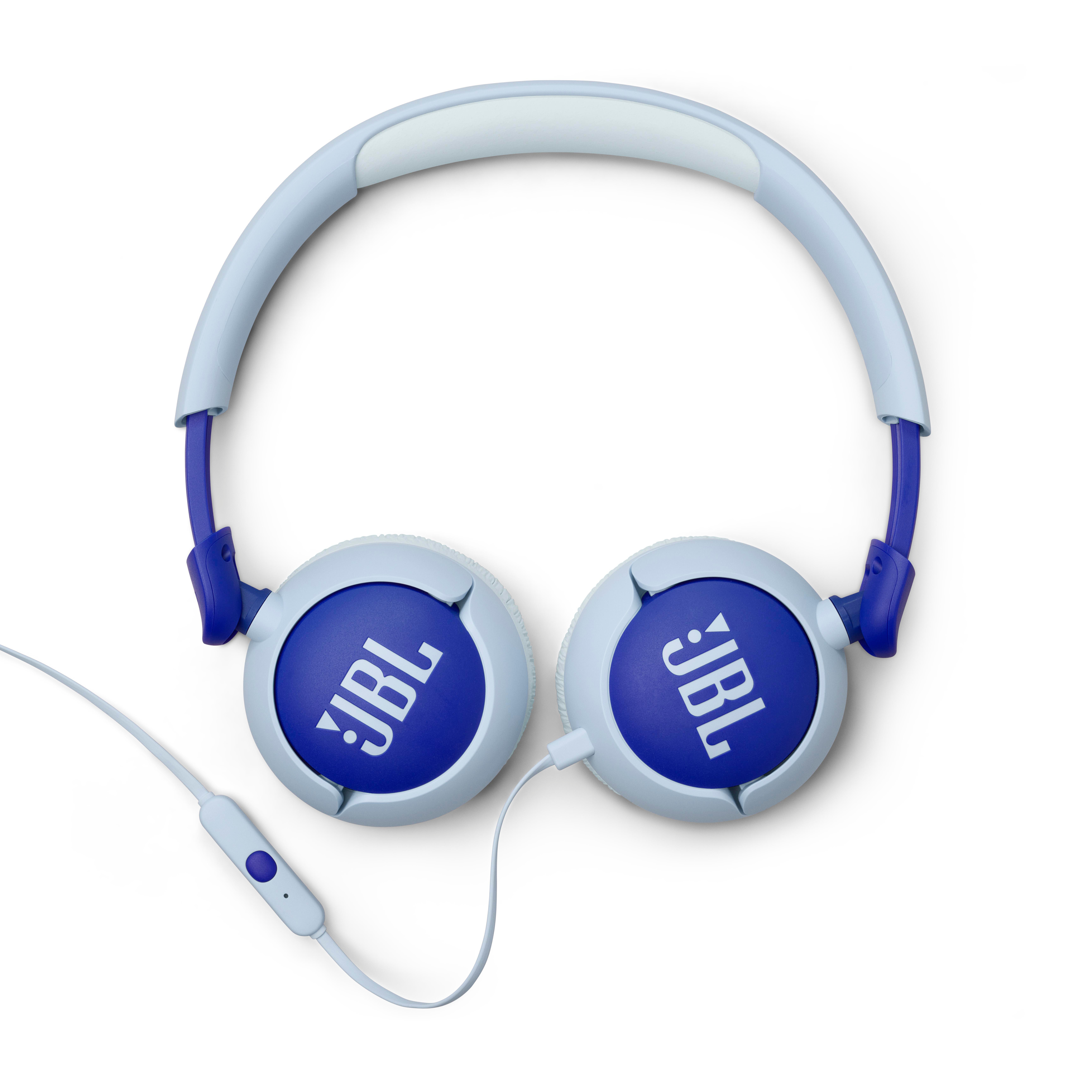 Blau-hellblaue JBL Kopfhörer mit Verbindungskabel und Inline-Steuerung.