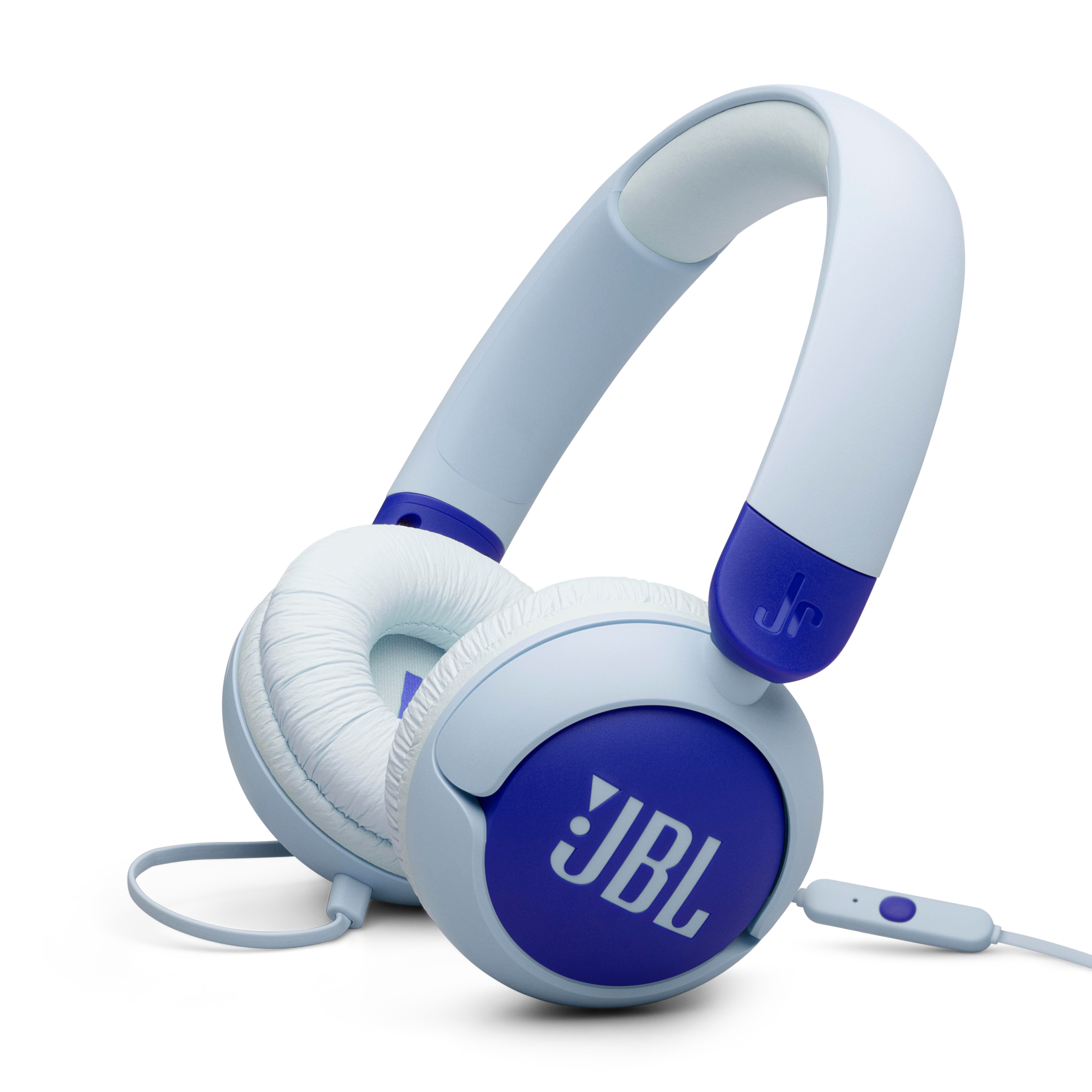 Blau-weiße JBL-Kopfhörer. Kopfhörer mit JBL-Logo und Kabel mit Lautstärkeregler.