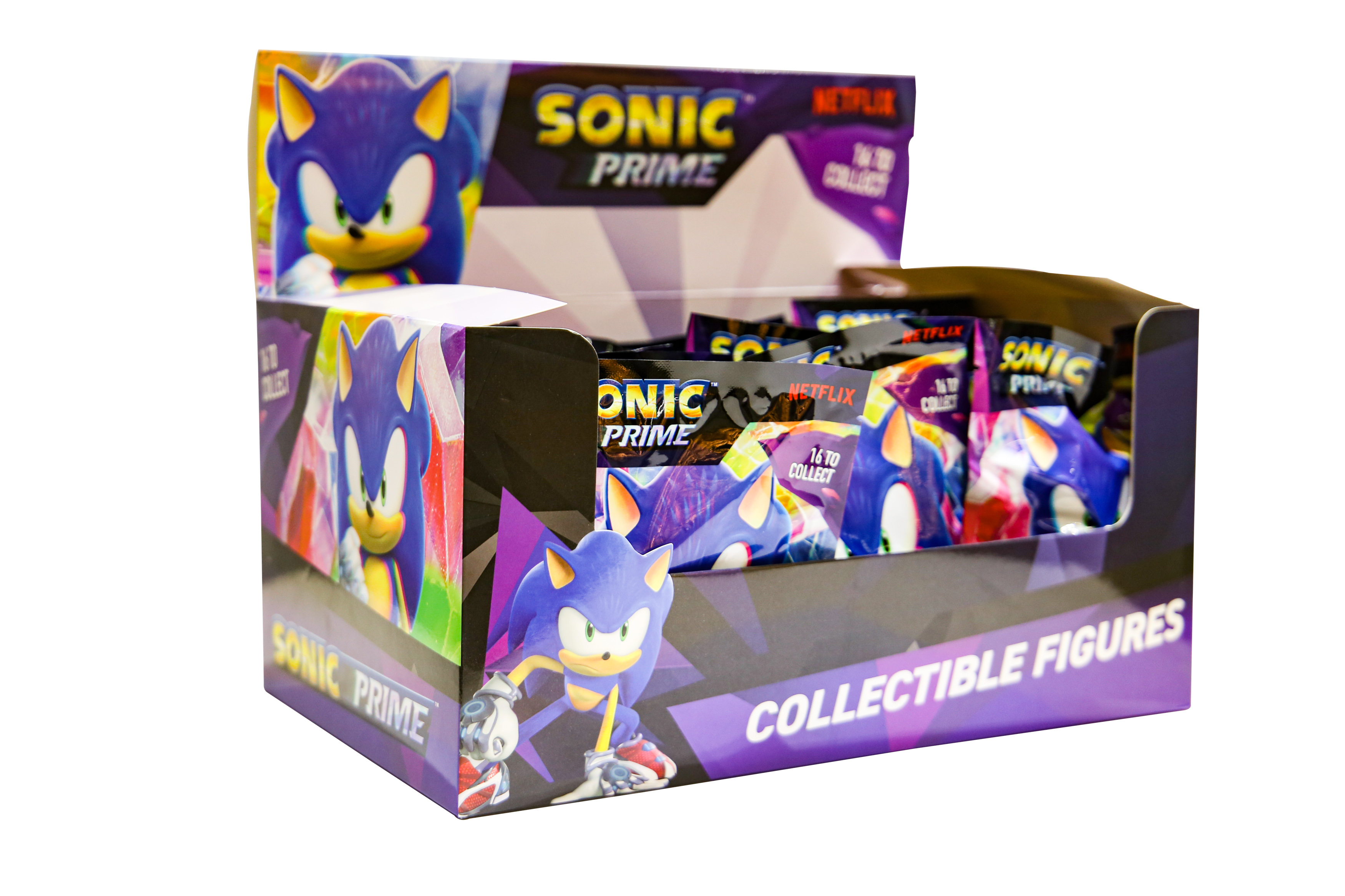 Eine Displaybox voller Sonic Prime Sammelfiguren-Pakete.