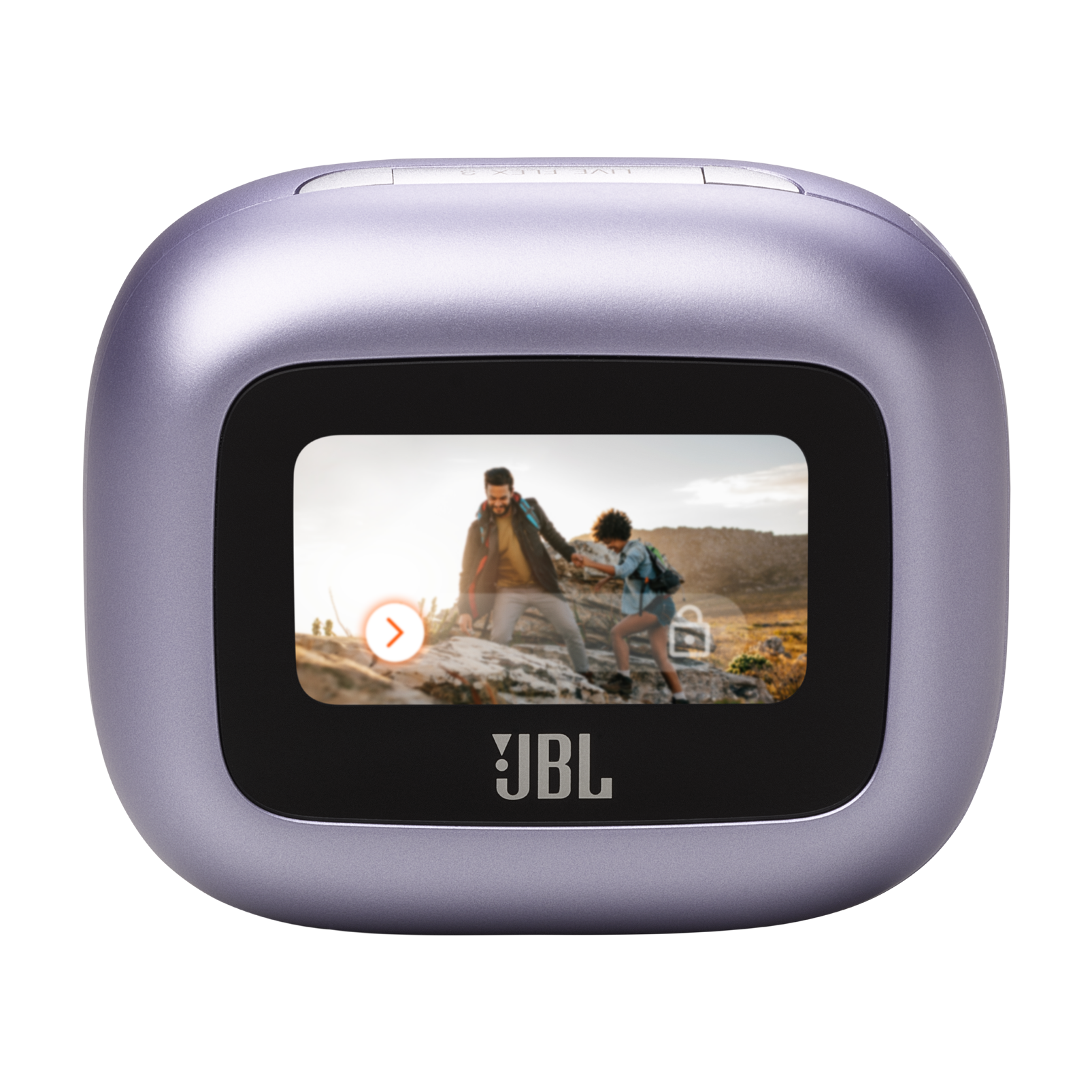 Mor JBL kamera, ekranında iki kişinin yürüyüş yaptığı görülüyor. Altta JBL logosu.