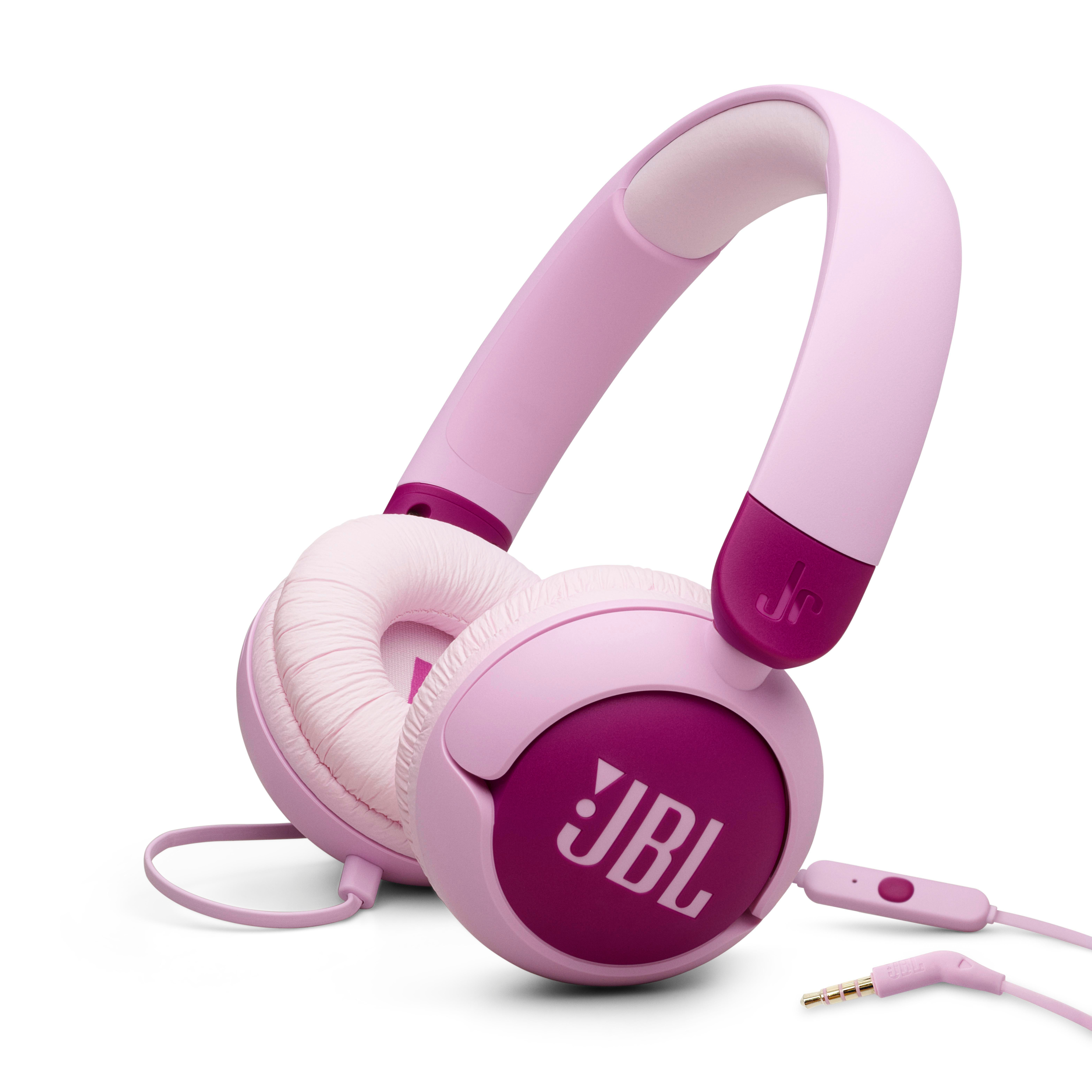 Pinke JBL Kopfhörer mit pinkem Kabel und Stecker, auf weißem Hintergrund, Seitenansicht.