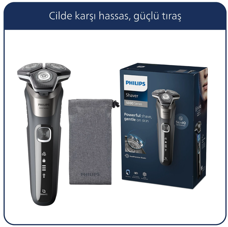 Philips tıraş makinesi, kutu ve çantada aksesuarlarla birlikte. Metin: 'Cilde karşı nazik, güçlü tıraş'.