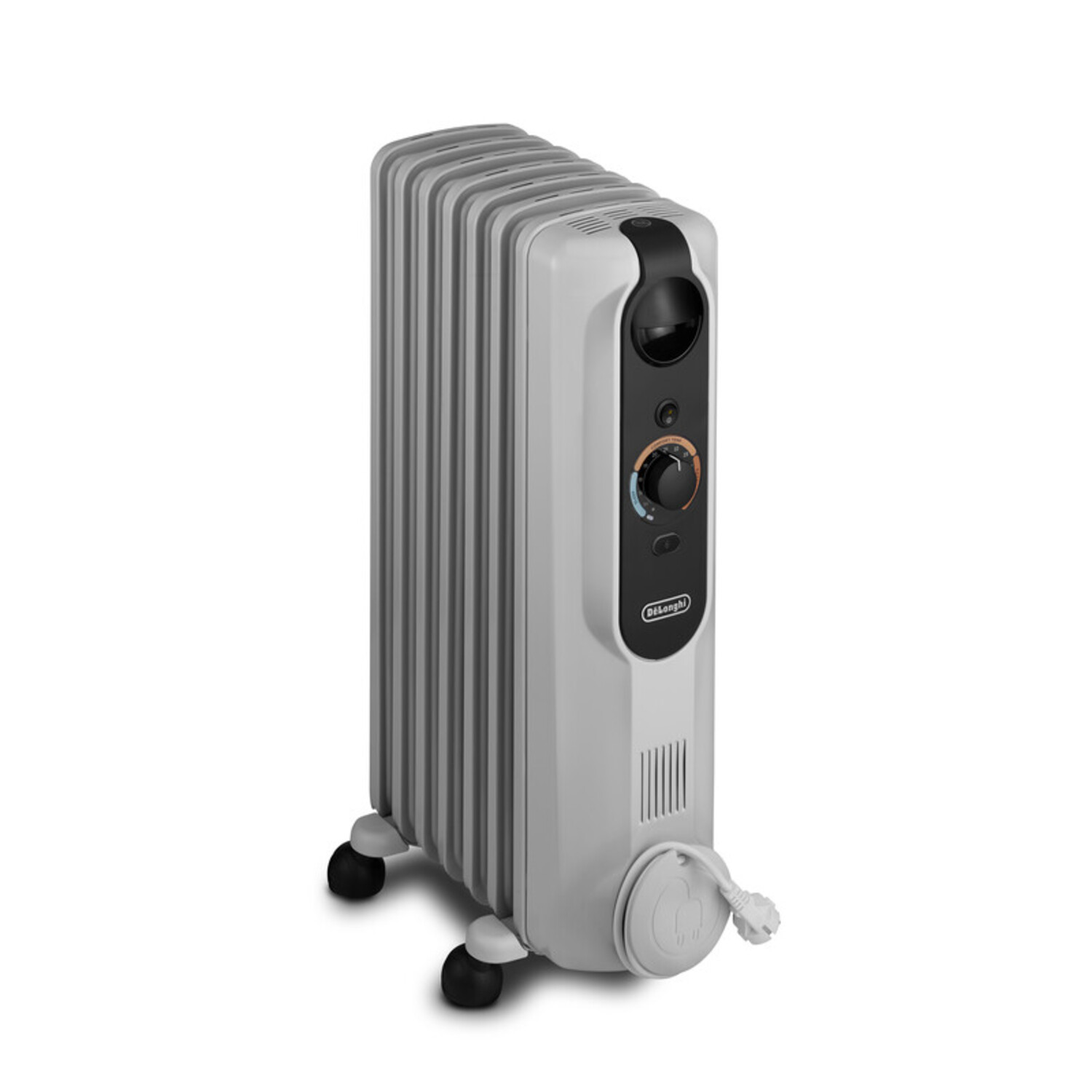 Grijze oliegevulde radiator met zwarte bediening en wielen. Stroomkabel bevestigd.