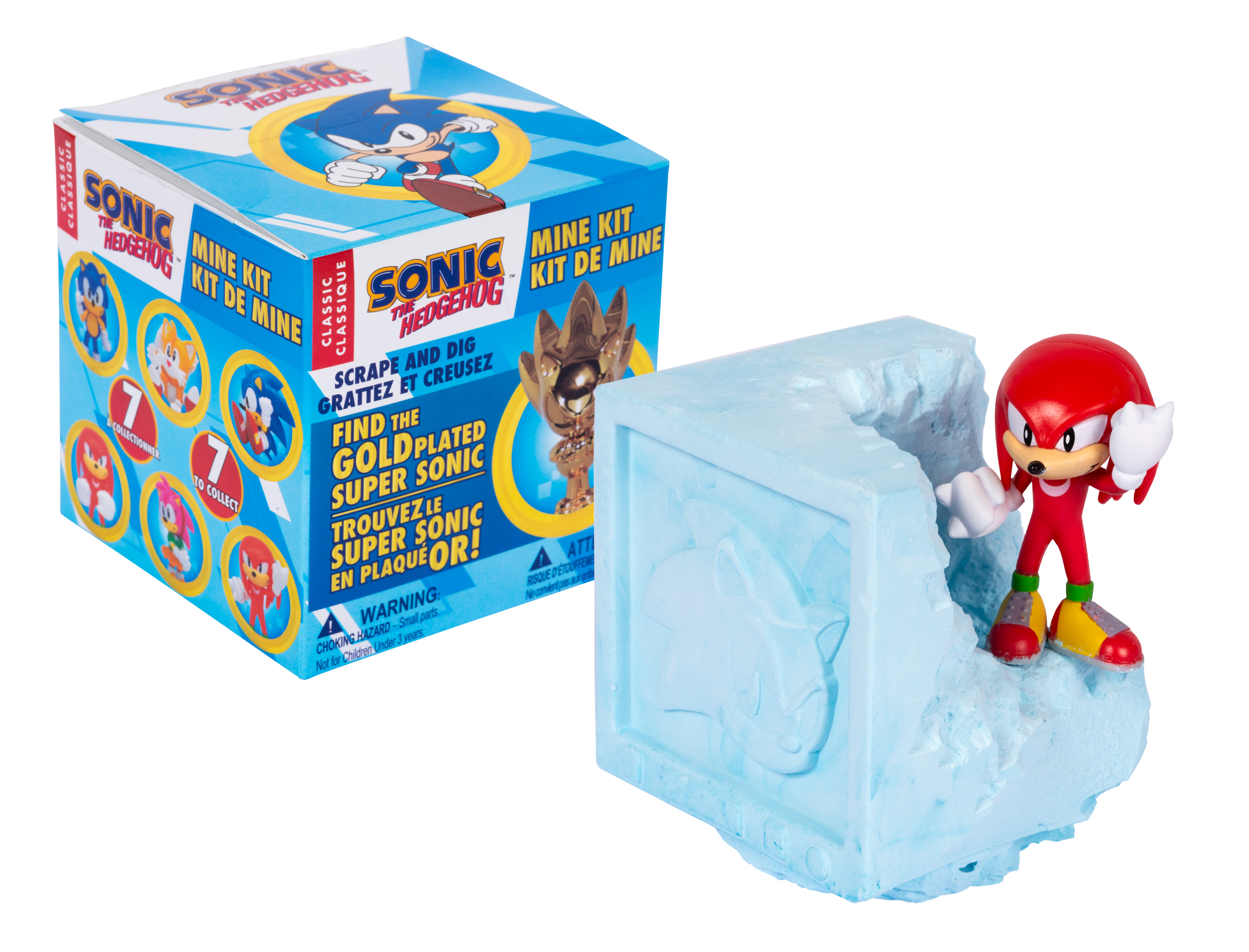 Sonic the Hedgehog-Spielzeug mit Ausgrabungsblock und einer Box mit Bildern.