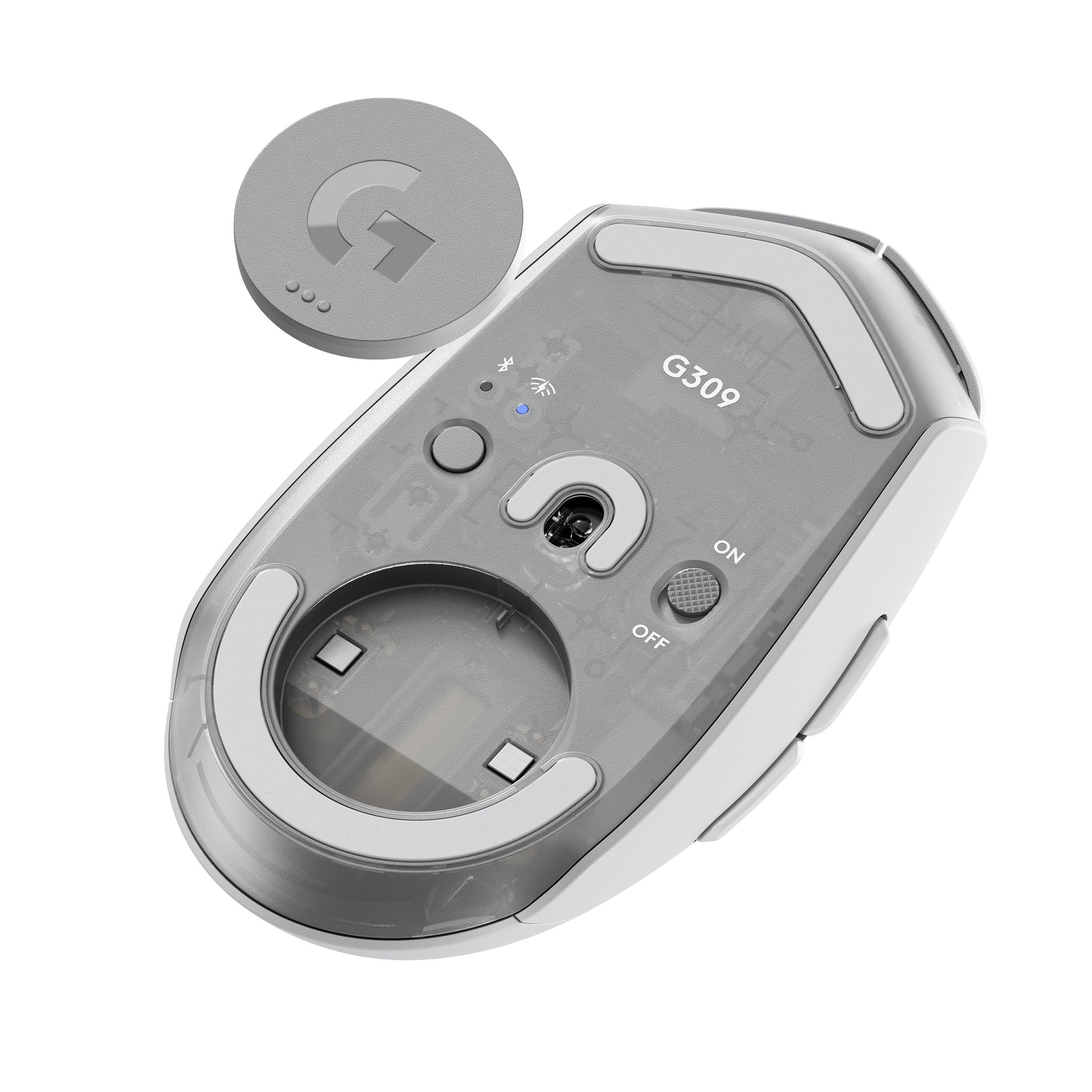 Logitech G309 fare, alt görünüm, gri ve beyaz vurgular ve Logitech logosu ile.