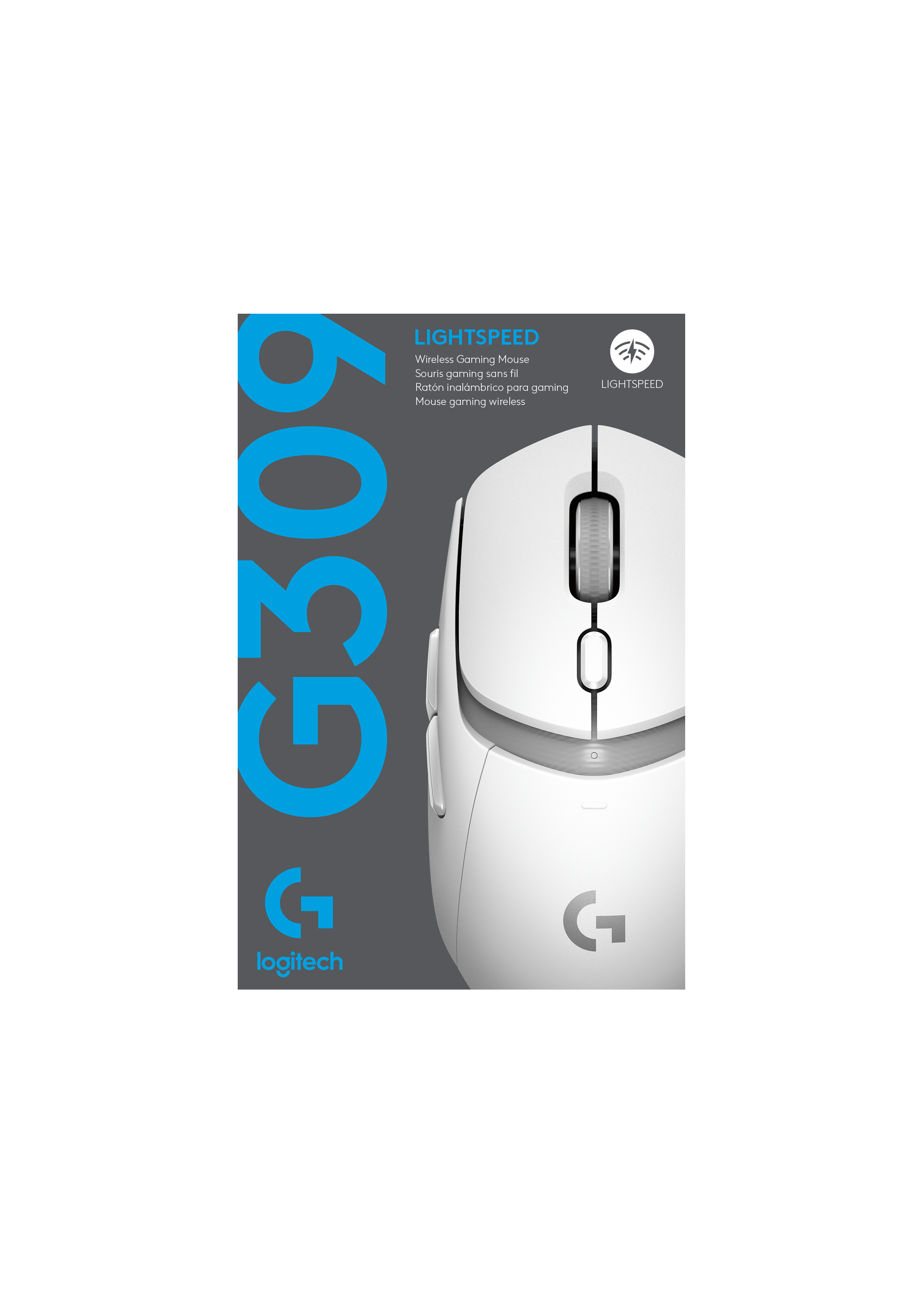 Siyah zeminde beyaz Logitech G309 oyun faresi. Marka logosu ve ürün bilgileri görünür.