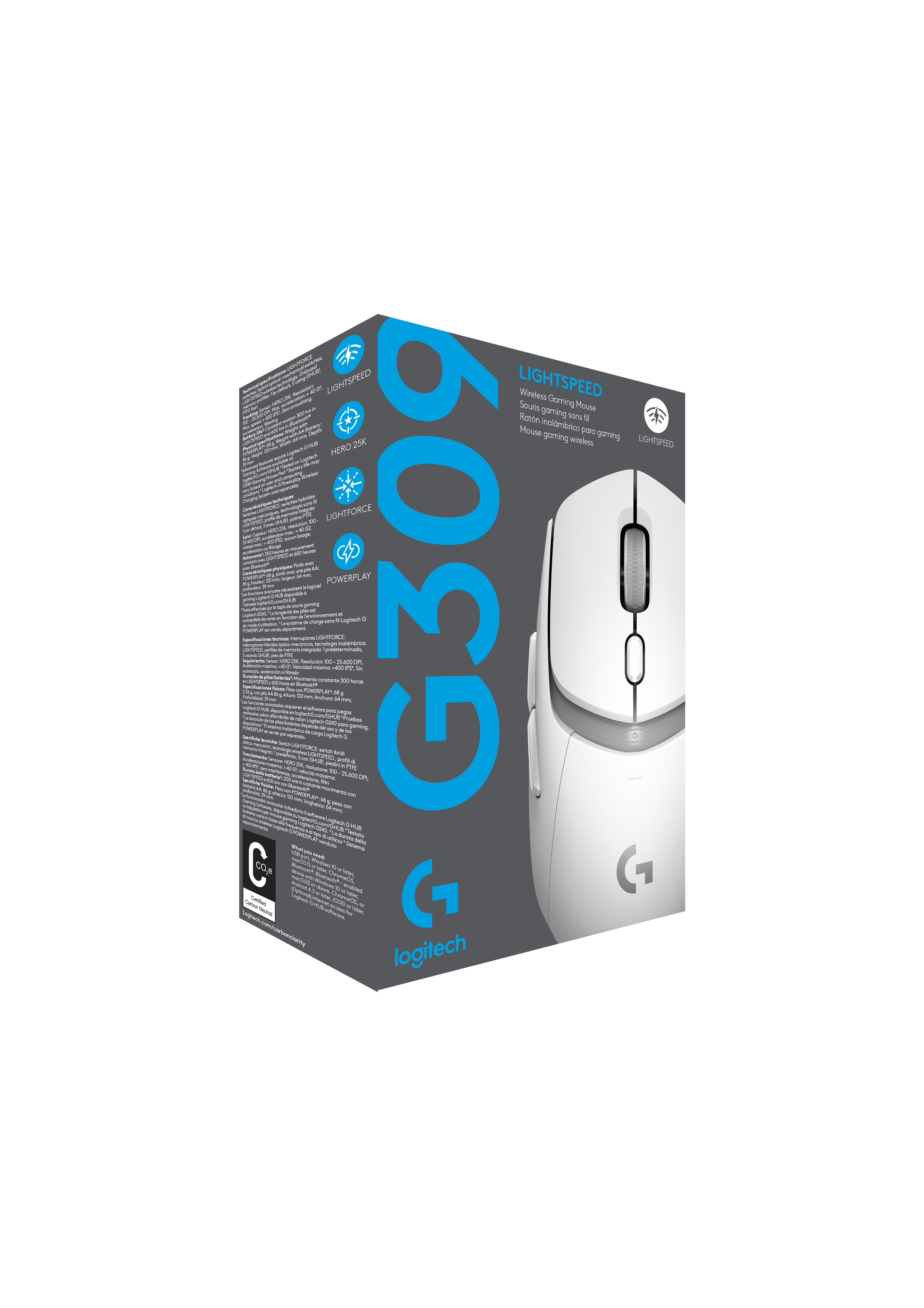 Siyah zemin üzerinde beyaz bir Logitech G309 Lightspeed oyuncu faresi ve kutusu.