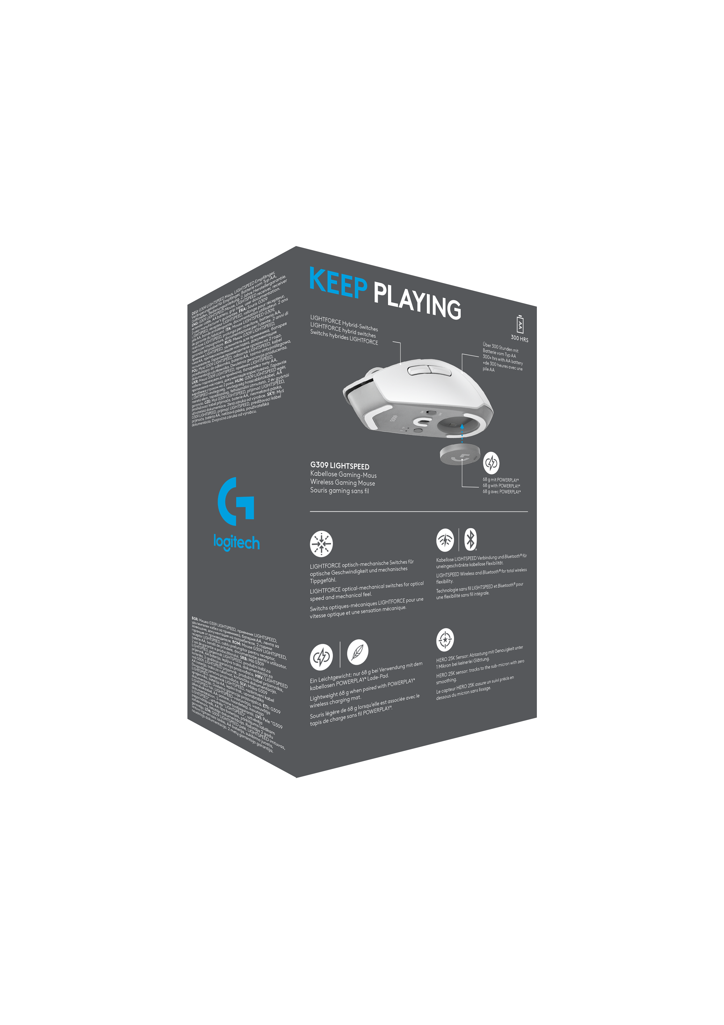 Beyaz Logitech G305 Lightspeed oyun faresi, ürün detaylarının bulunduğu bir kutu üzerinde.