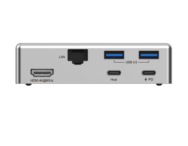Silberne Dockingstation mit verschiedenen Anschlüssen: HDMI, LAN, USB und Stromversorgung.