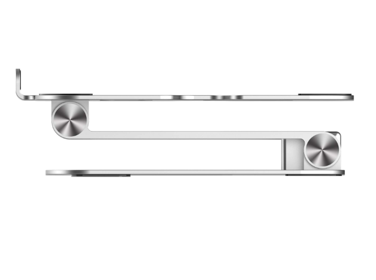 Silberner und weißer Laptopständer. Abgewinkeltes Design mit zwei Plattformen.
