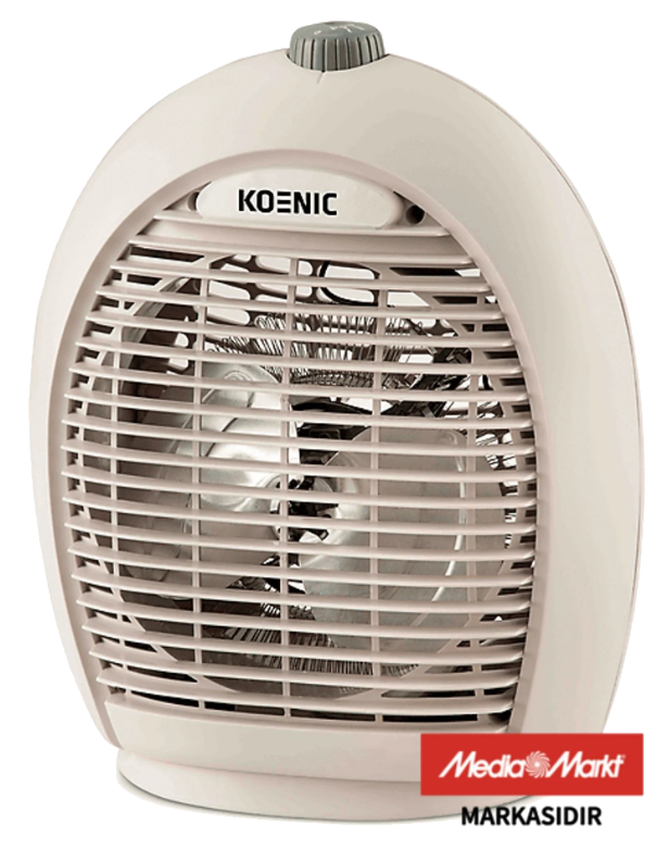 Beyaz Koenic ısıtıcı. Bir fanı ve kontrol düğmeleri var. MediaMarkt logosu.