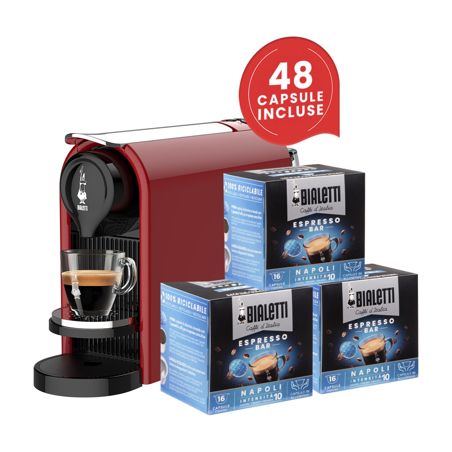 Macchina per caffè espresso rossa con tre scatole di capsule e una tazza.
