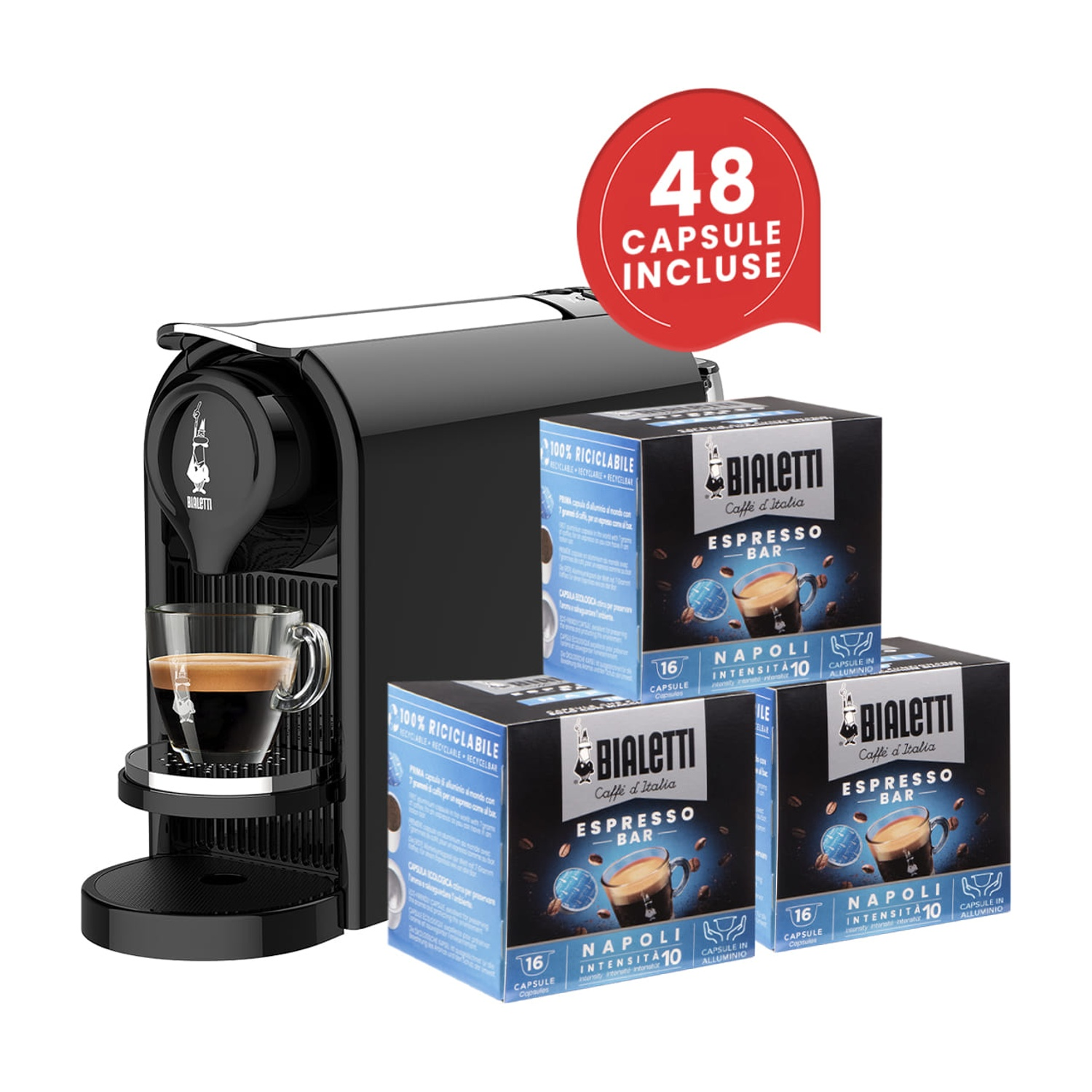Macchina per espresso Bialetti nera e scatole di capsule.