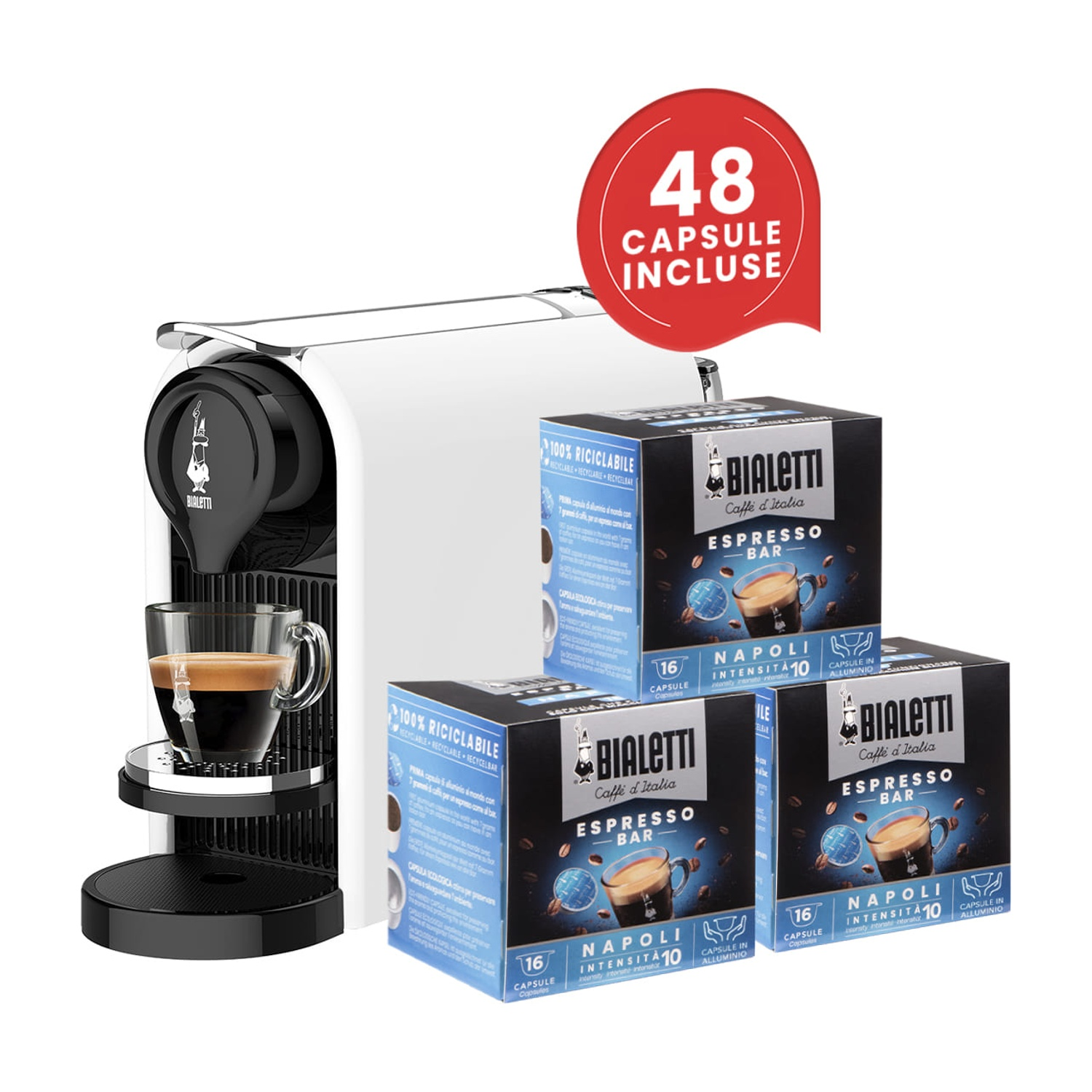 Una macchina per espresso con caffè e tre scatole di capsule Bialetti Espresso Bar.