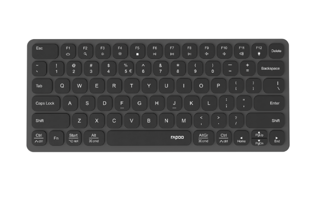 Eine schwarze, kompakte Tastatur mit grauem Tastenlayout und weißem Hintergrund.