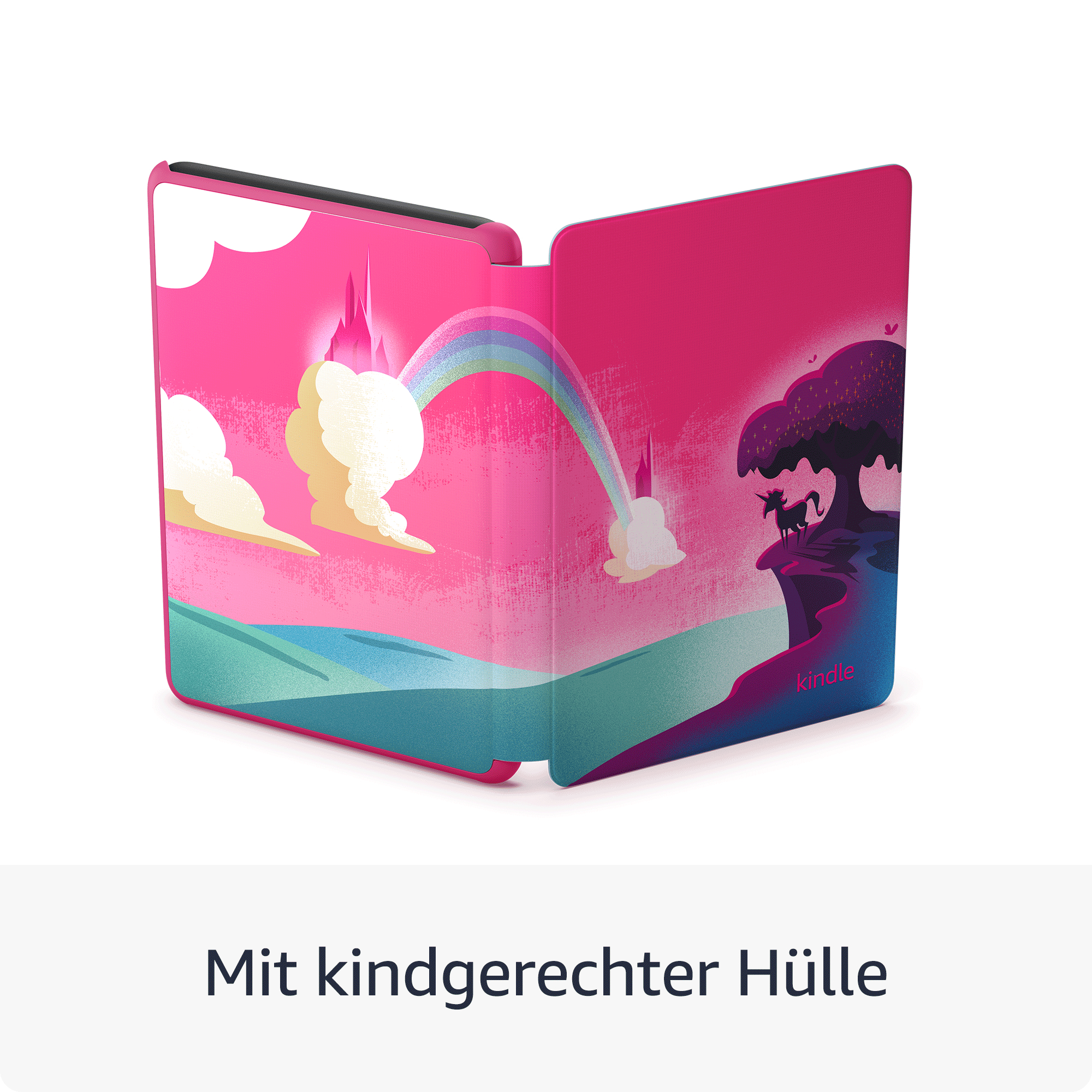 Kindle mit farbenfroher Hülle mit Burg, Regenbogen und Einhorn.