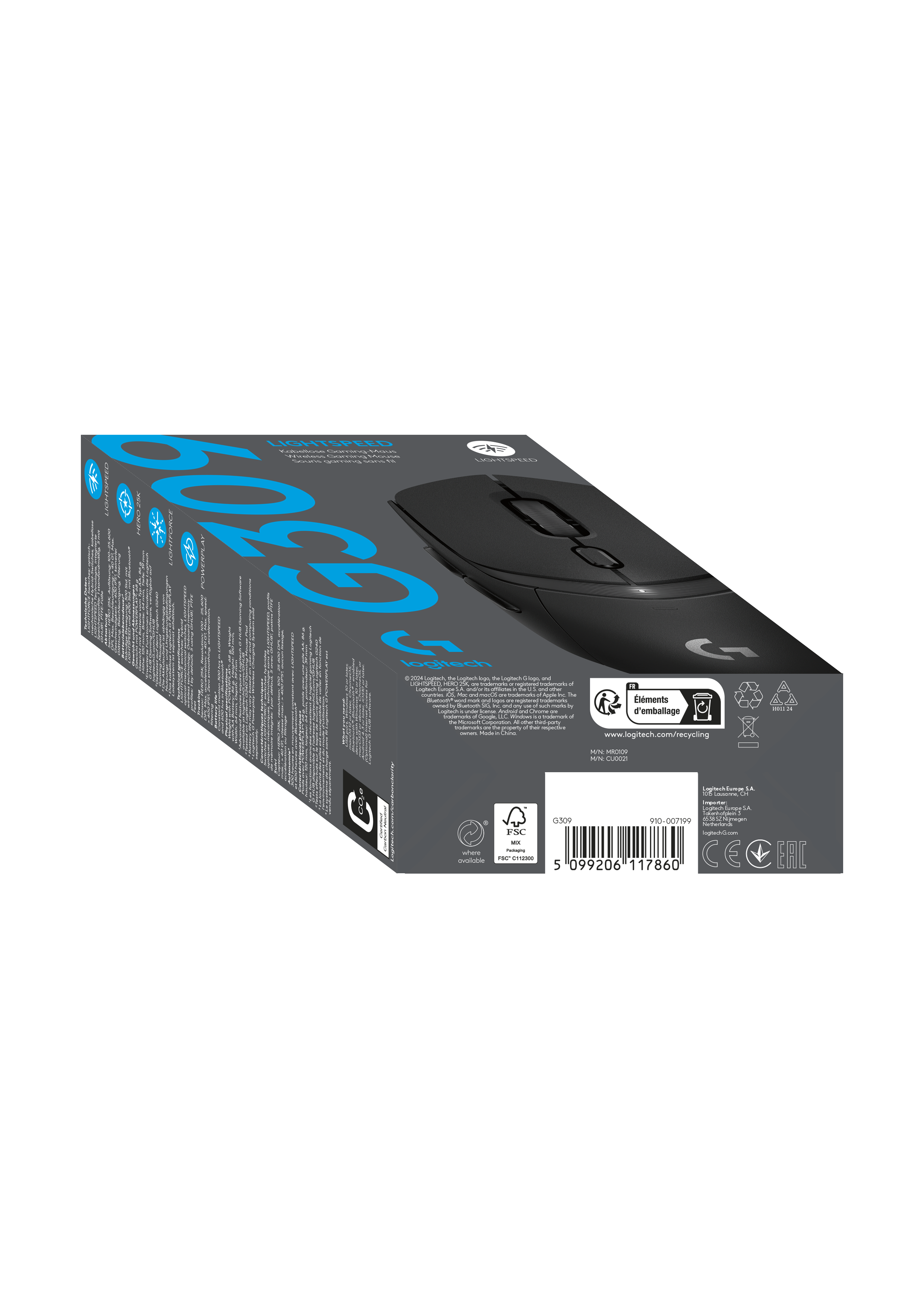 Logitech G305 fare kutusu, siyah zemin ve ambalaj detayları.