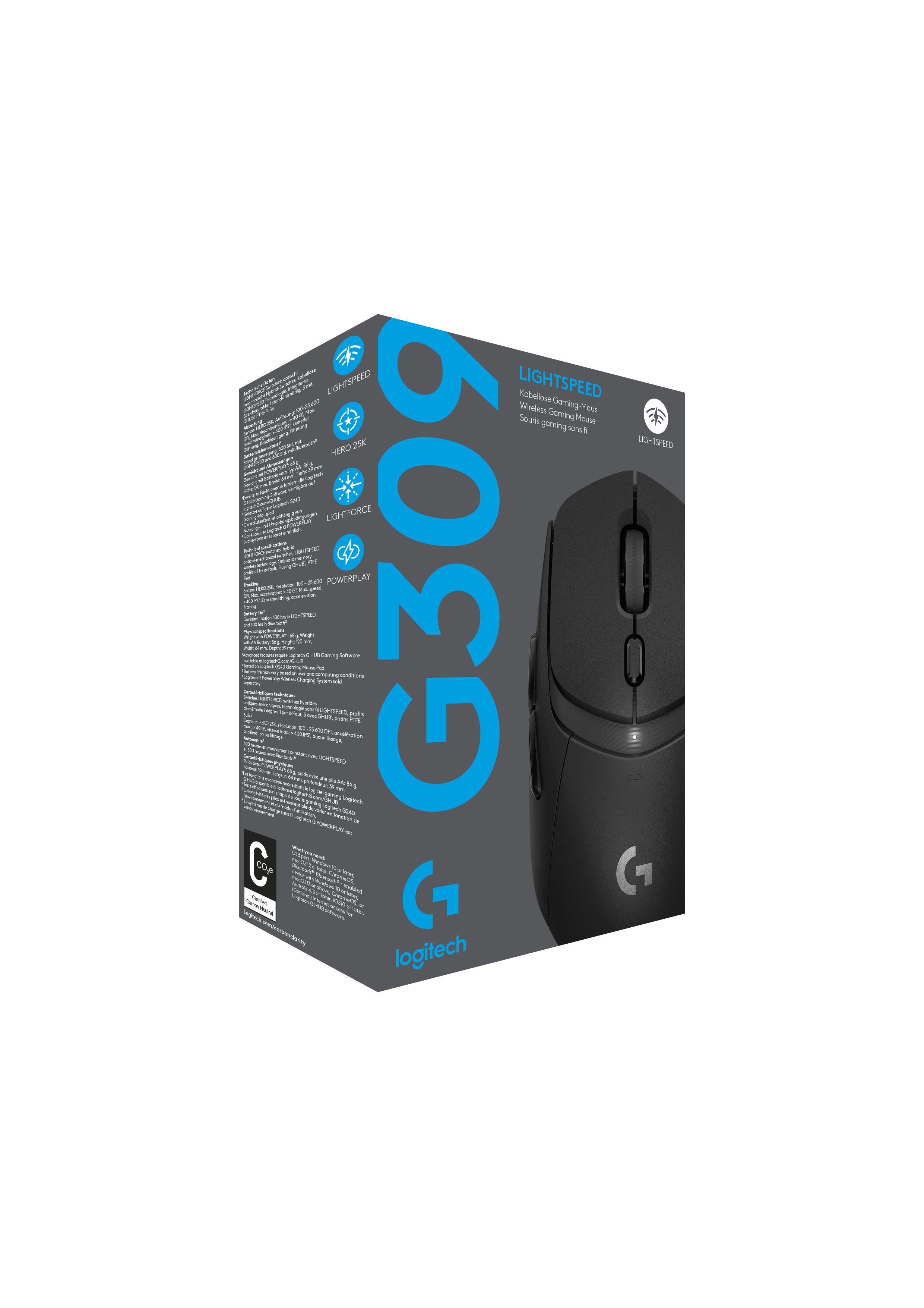 Logitech G309 oyun faresi kutusu. Siyah fare görünür. Siyah arka plan.