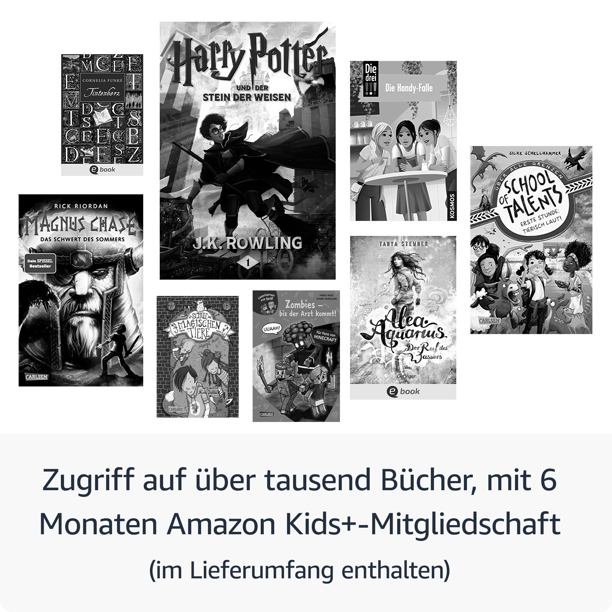 Sammlung von Büchern, mit Text darüber und einer Werbebotschaft am unteren Rand.