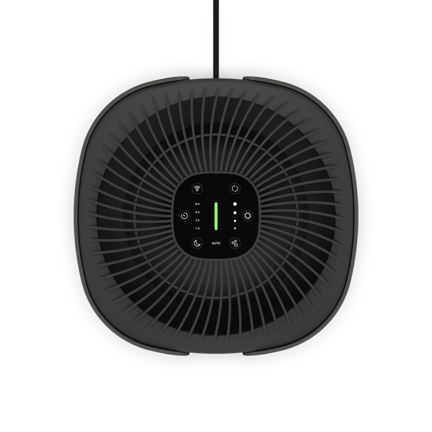 A black air purifier with a top-down view. It has a digital display and fan blades.