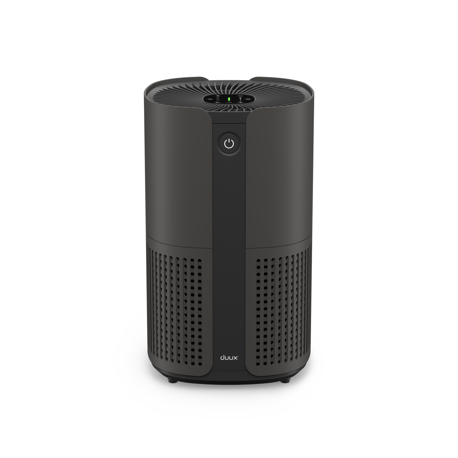 Black air purifier. Gray body, top vent, power button, and logo.