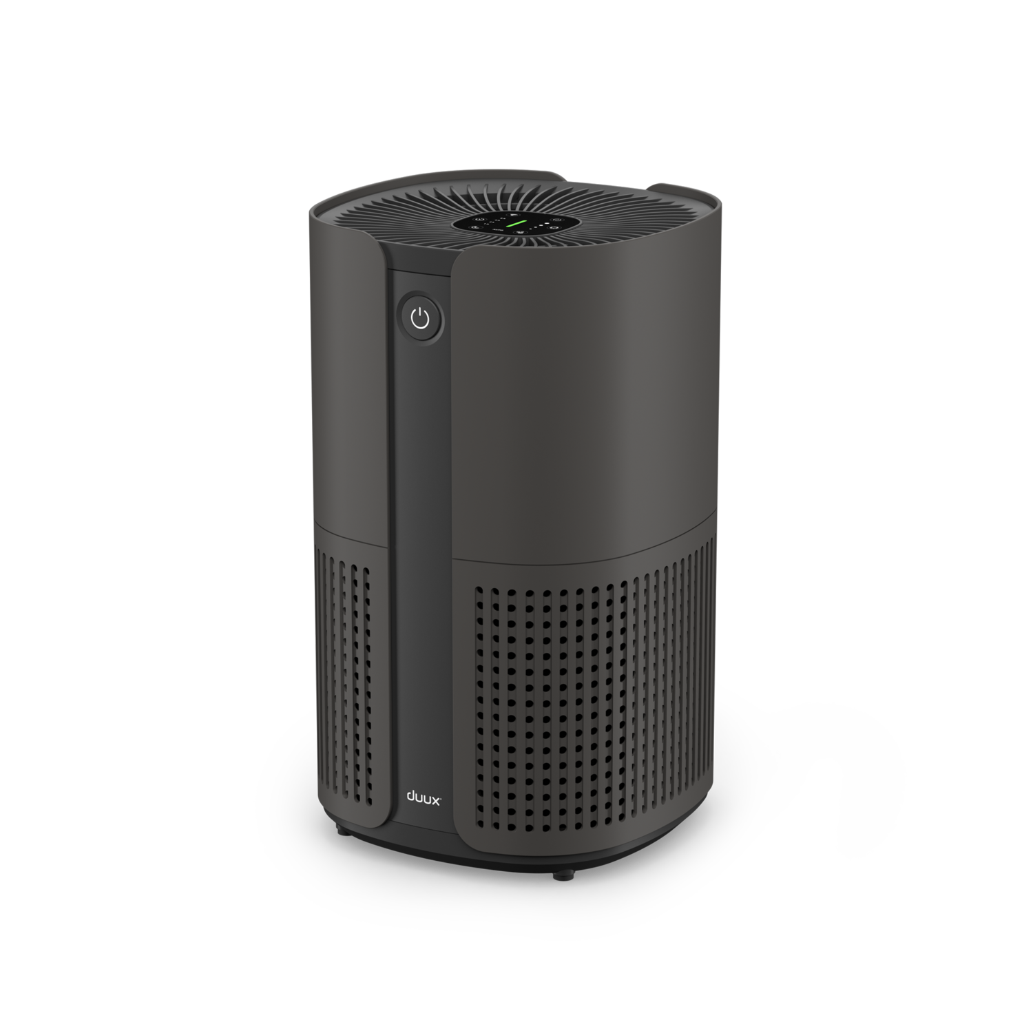 Dark gray air purifier with a power button. The air purifier is on a black background.