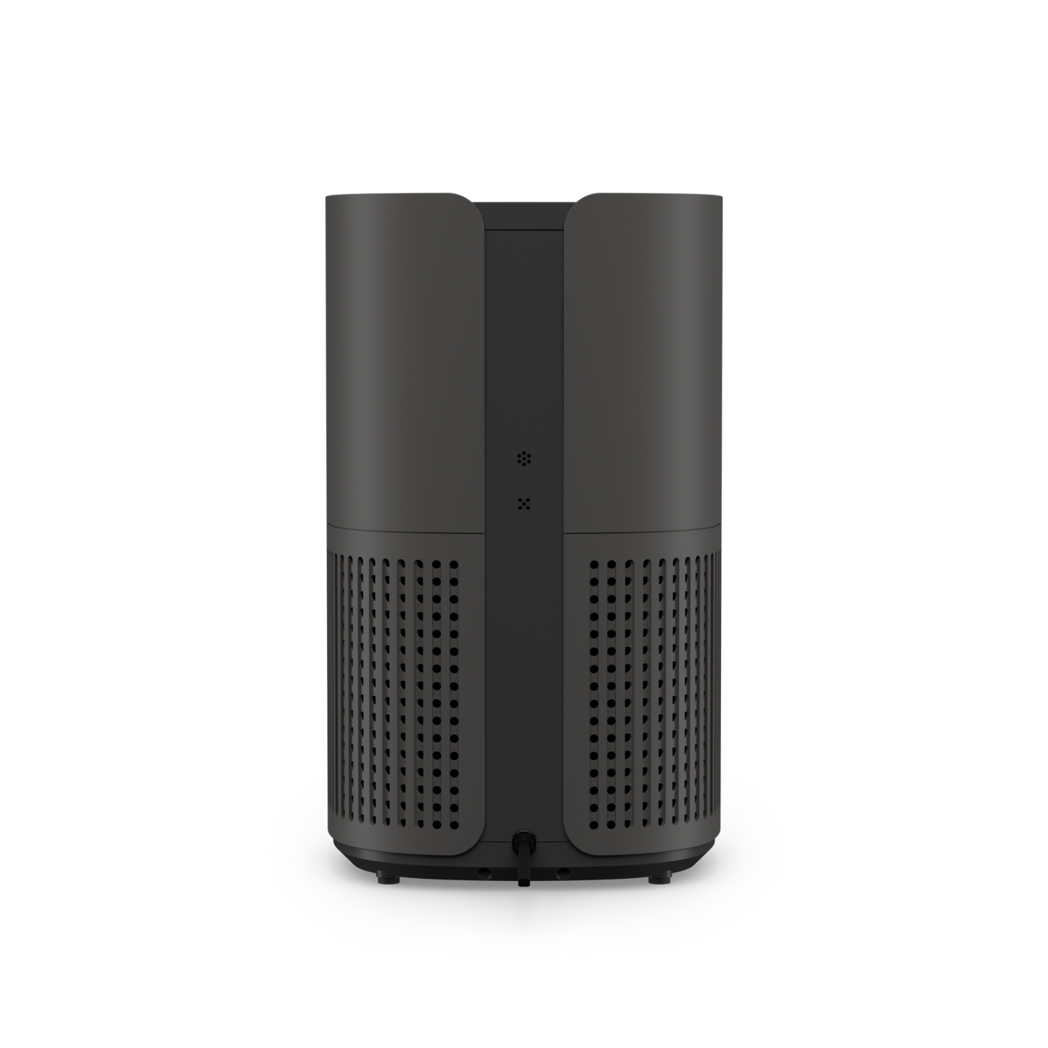 A cylindrical black air purifier with ventilation holes. It has a dark background.